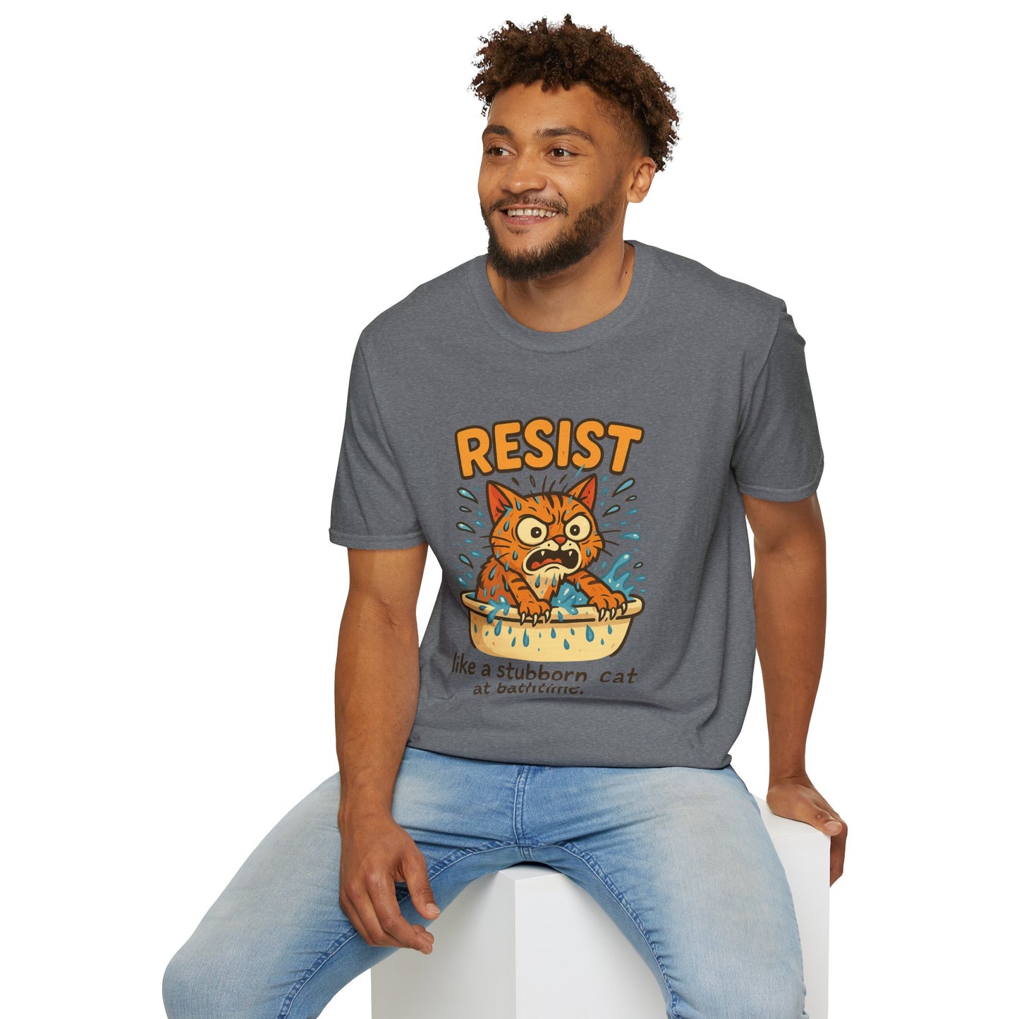 Resist Like A Stubborn Cat At Bathtime Funny Cat Lover Graphic Tee - Quirky Self Care Shirt - Gift For Pet Moms, Dads and Humor Fans