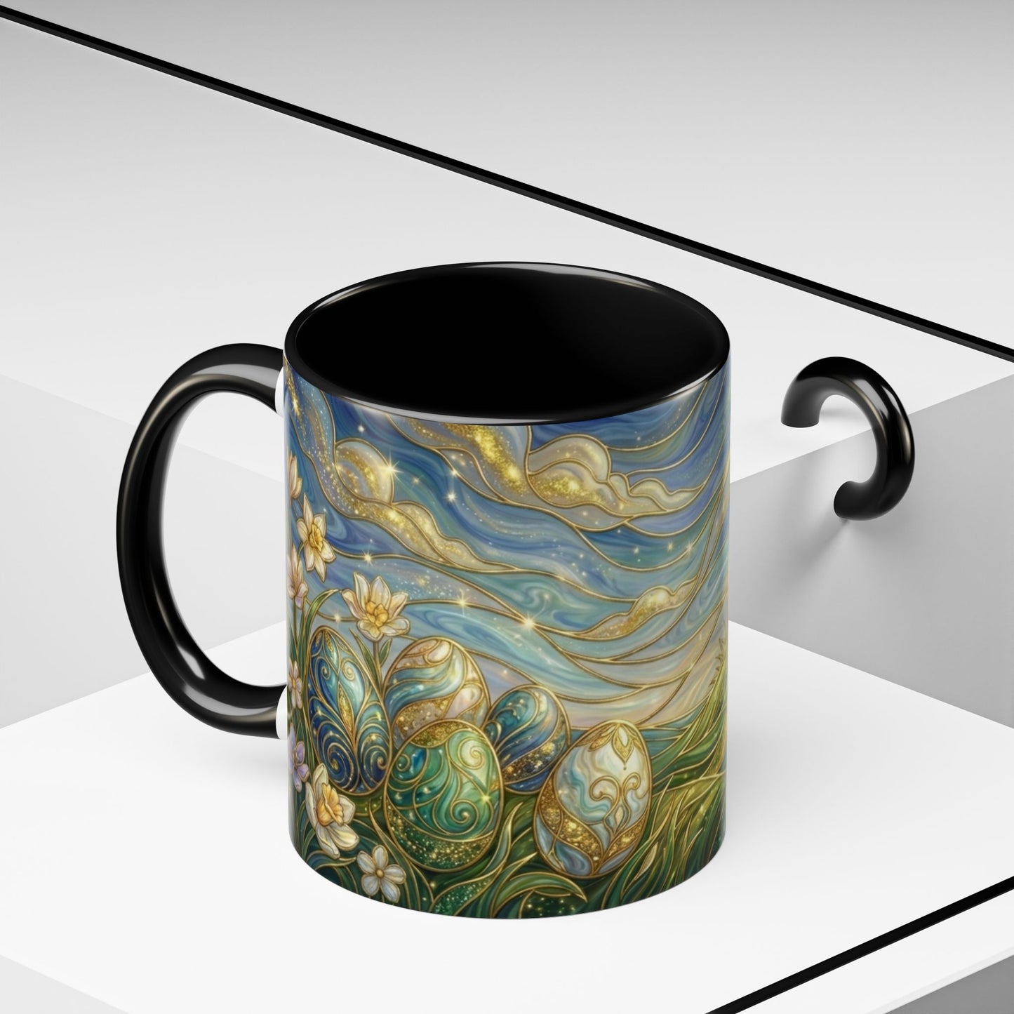 Stained Glass Easter Egg Mug, Magical Spring Floral Coffee Cup, Art Nouveau Fantasy Teacup, Elegant Celestial Starry Sky Mug Gift Idea