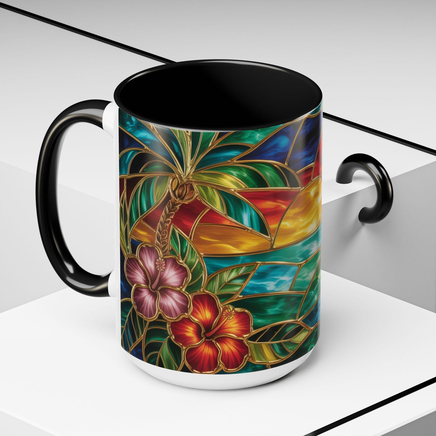 Stained Glass Tropical Sunset Mug, Hibiscus Flower Coffee Cup, Beach Lover Gift, Colorful Palm Tree Mug, Coastal Art Drinkware, Summer Cup