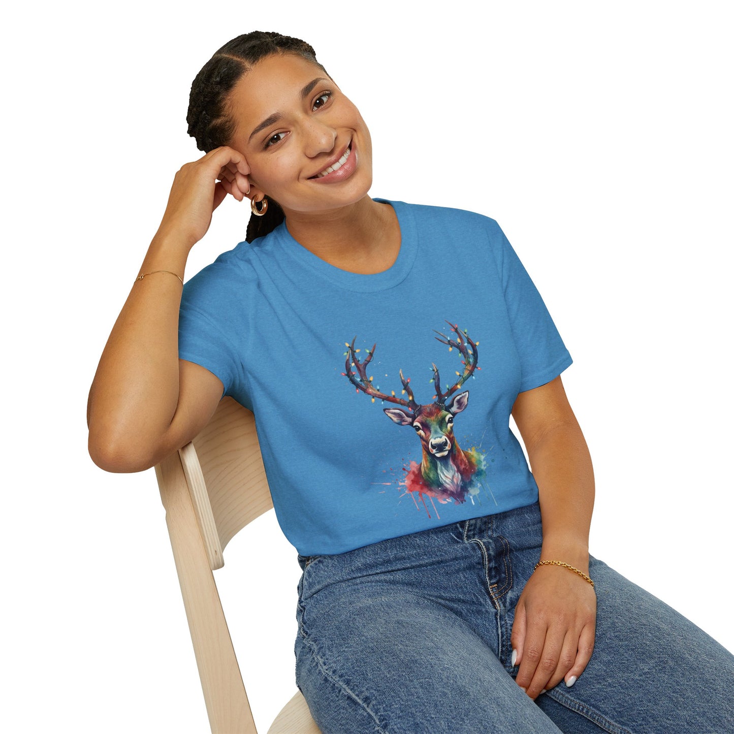 Christmas Deer Shirt, Watercolor Buck T-Shirt, Deer With Christmas Lights Tee, Holiday Wildlife Art Shirt, Colorful Deer Head Xmas Tee