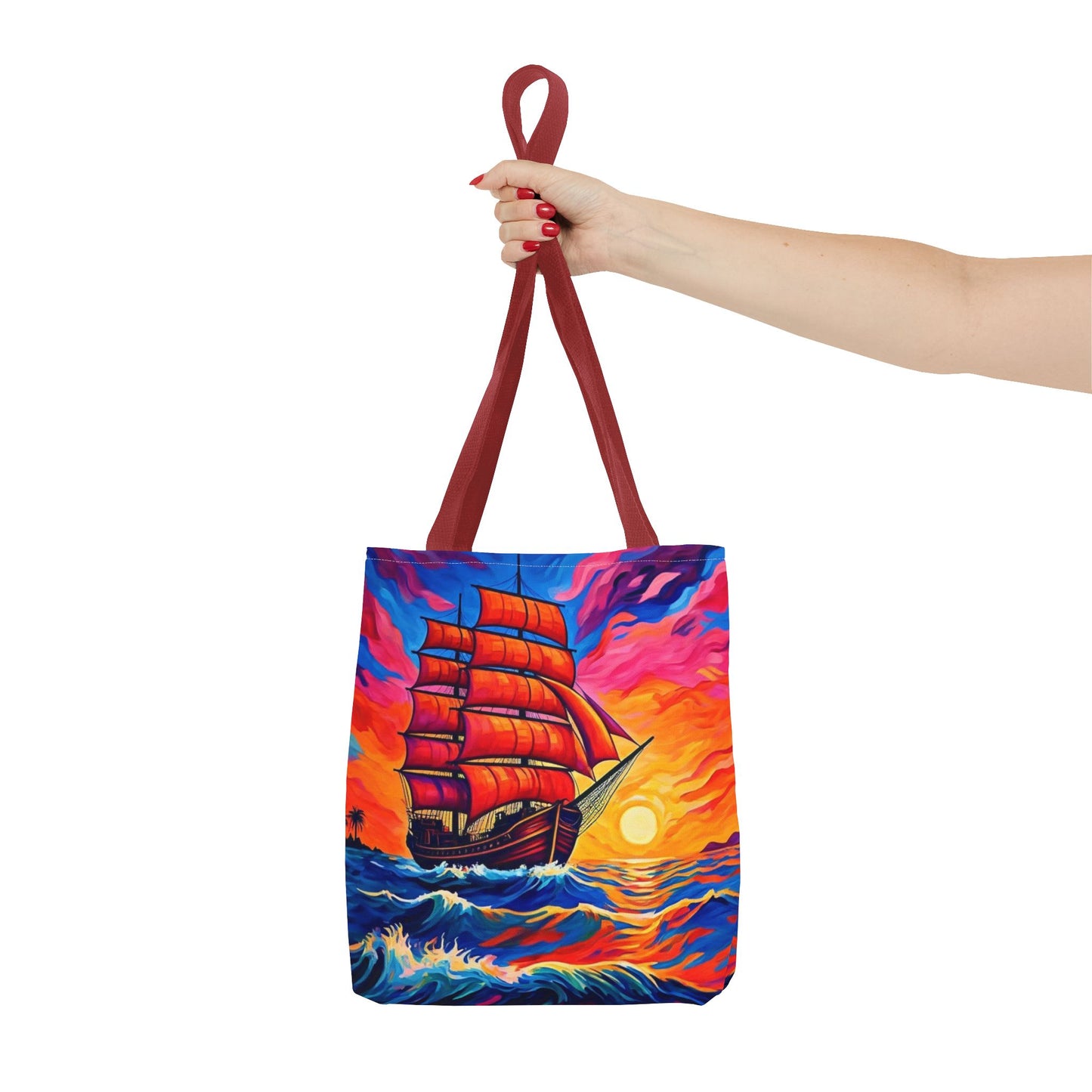 Crimson Voyage Tote Bag, Red Sailboat At Sunset Artistic Ocean Design, Nautical Reusable Tote For Beach, Travel, And Everyday Use