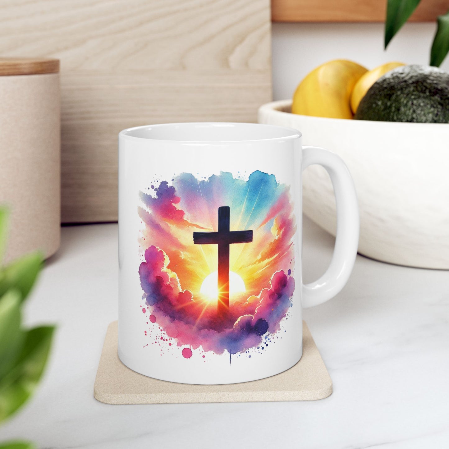 Christian Cross Sunrise Mug – Inspirational Faith Coffee Cup with Colorful Sky & Clouds, Religious Gift, Dishwasher Safe Prayer Mug