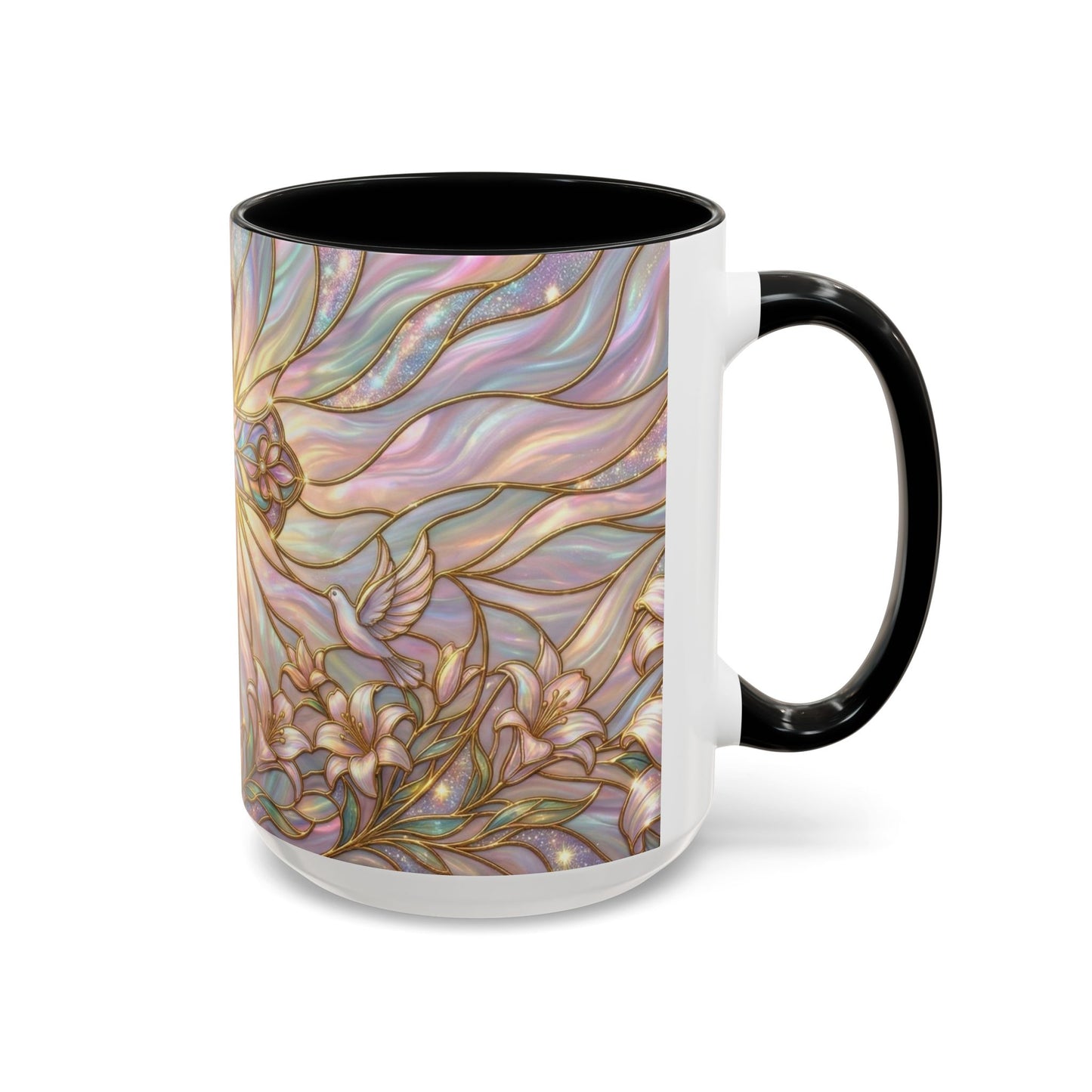 Stained Glass Cross Mug, Easter Lily Coffee Cup, Christian Gift for Women, Pastel Religious Drinkware, Dove and Faith Cup, Spiritual