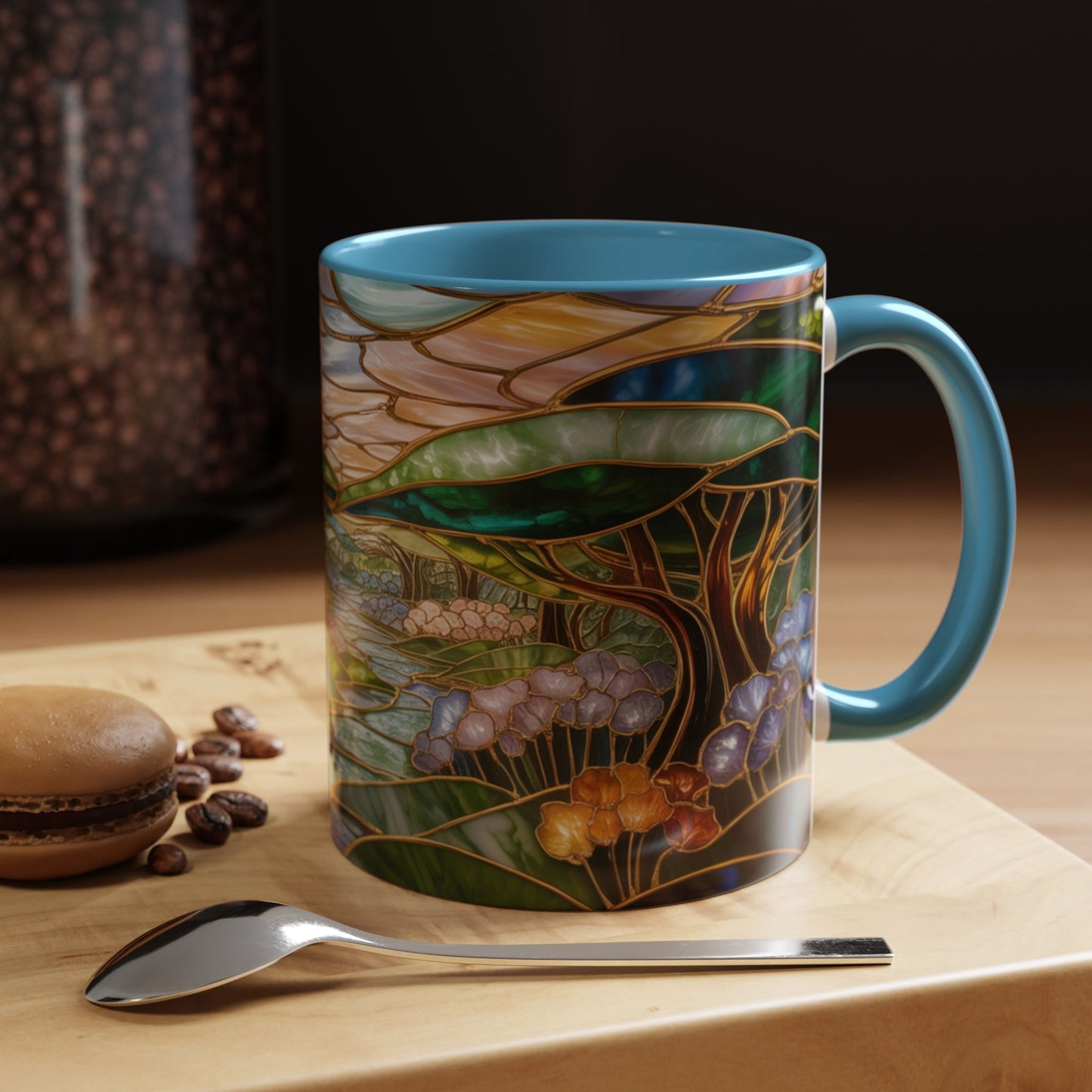 Stained Glass Woodland Forest Mug, Tree & Flowers Coffee Cup, Nature Lover Gift, Artistic Woodland Art Mug, Rustic Home Decor Mug