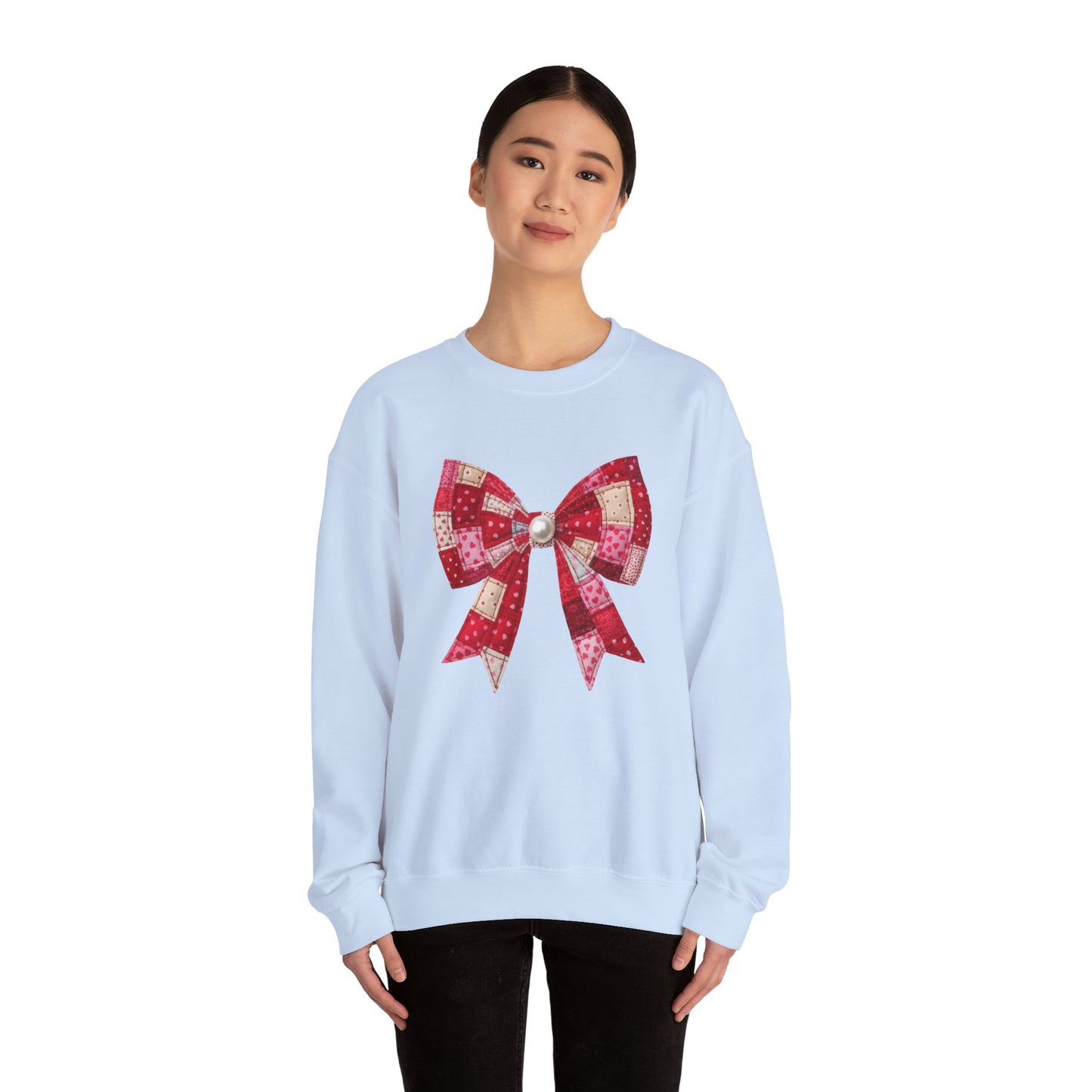 Faux Patchwork Bow Sweatshirt, Quilted Look Bow Crewneck, Pearl Center Bow Pullover, Cozy Coquette Sweatshirt, Girly Gift