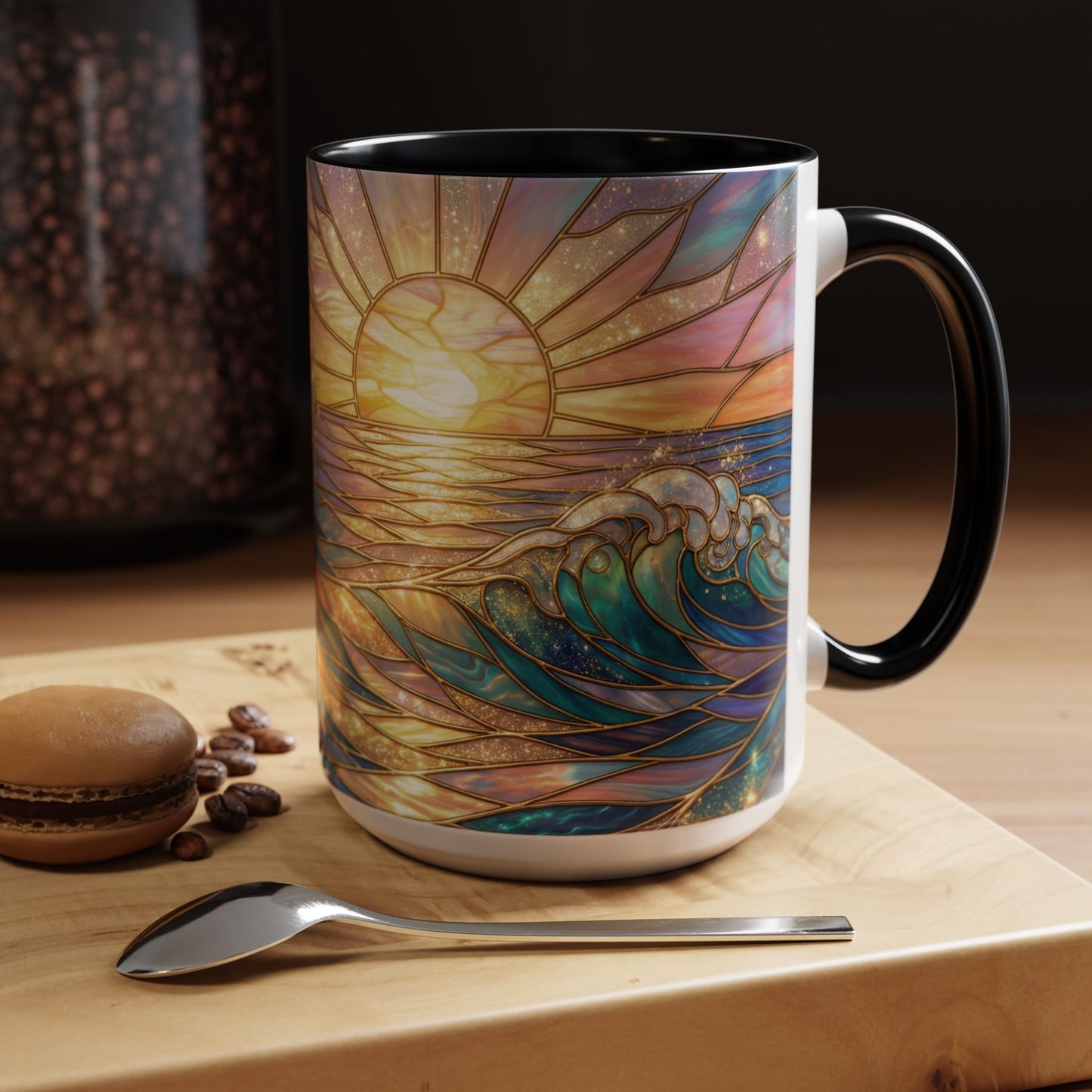 Stained Glass Ocean Wave Mug, Sunrise Beach Coffee Cup, Japanese Art Gift, Coastal Decor Kitchen, Mosaic Sea Tea Cup, Blue Gold Nature Lover