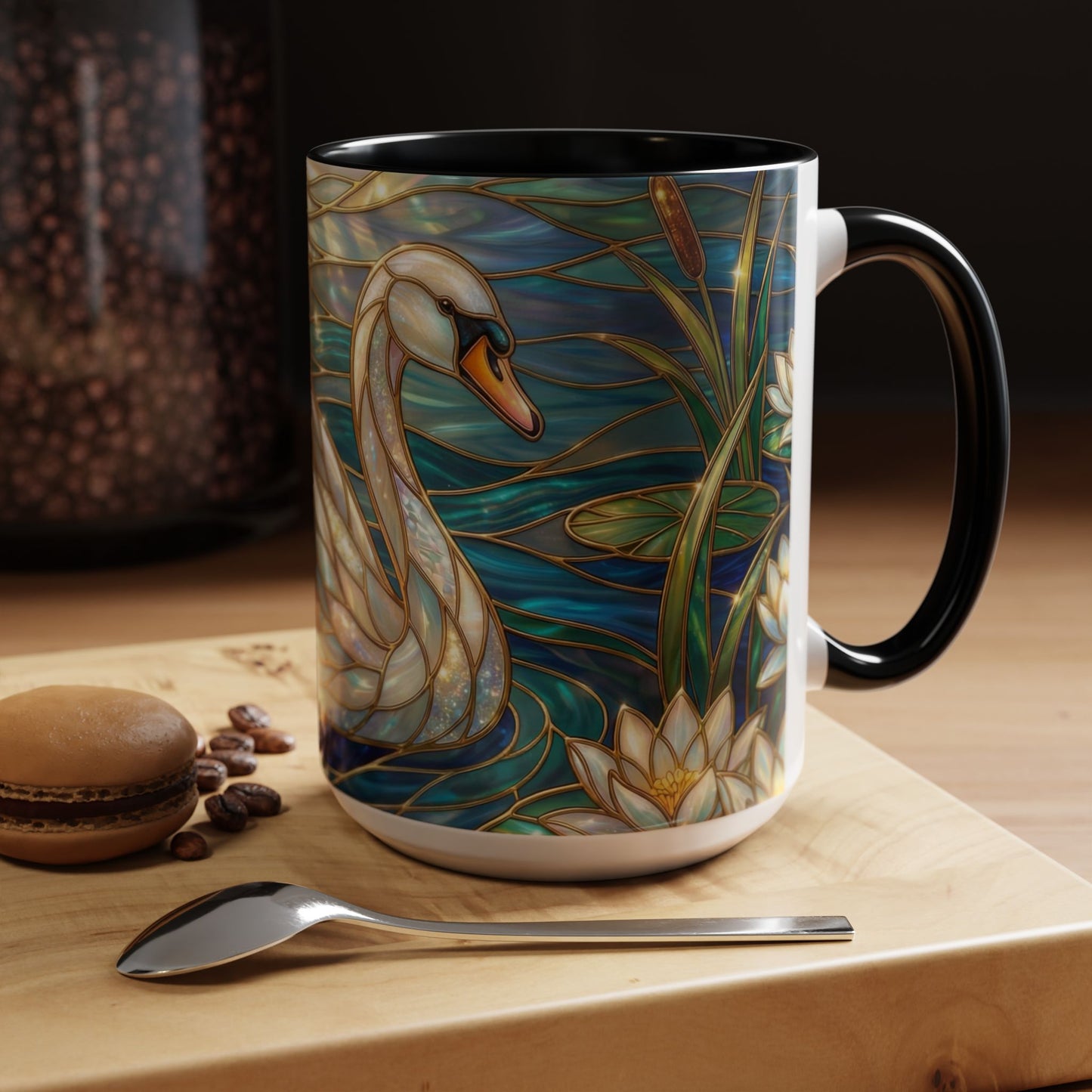 Stained Glass Swan Mug, Swan Coffee Cup, Elegant Swan Art Mug, Nature Decor Gift, Lake Swan Mug, Serene Animal Coffee Cup