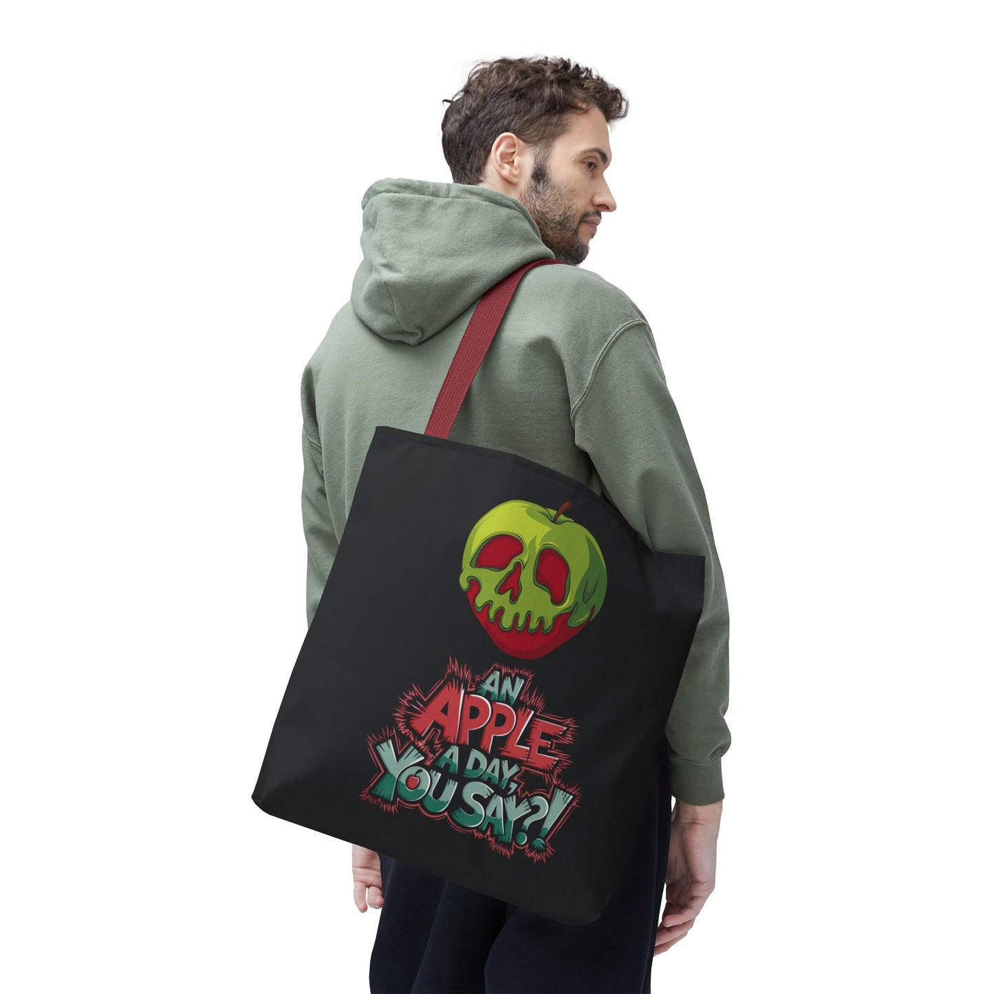 Spooky Halloween Tote Bag – Poison Apple Design – Funny Gothic Tote – Trick or Treat Bag – Creepy Apple Pun Gift – Black Tote Bag