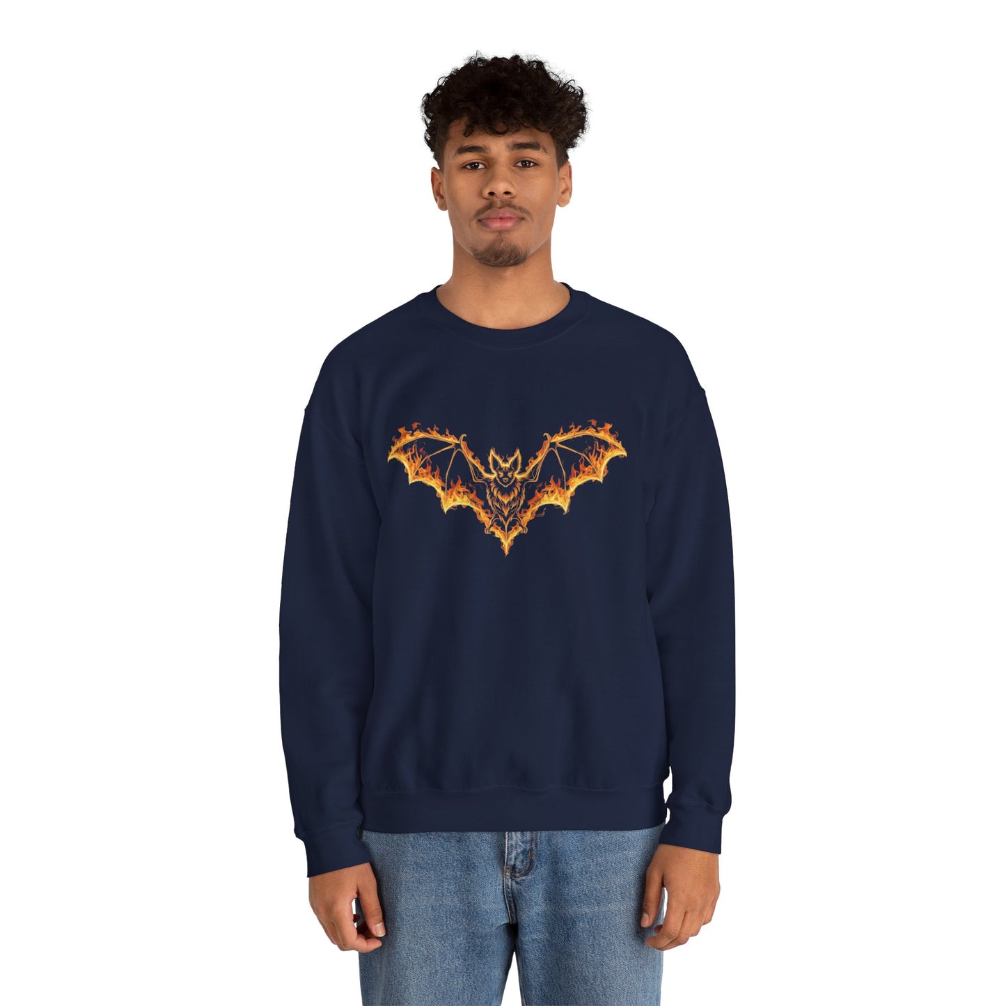 Flaming Bat Sweatshirt - Halloween Spooky Season Graphic Crewneck, Fiery Bat Design, Gothic Fall Fashion, Spooky Gift