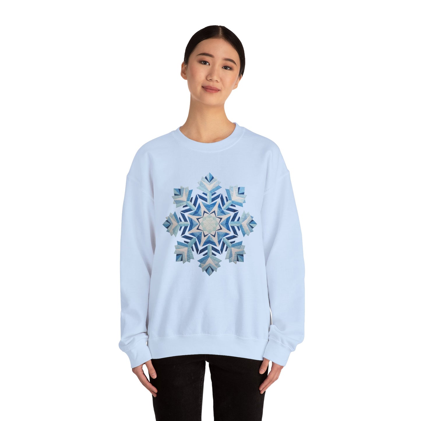 Faux Patchwork Snowflake Sweatshirt, Winter Snowflake Crewneck Unisex, Cozy Holiday Patchwork Sweatshirt, Nordic Snowflake Winter Pullover