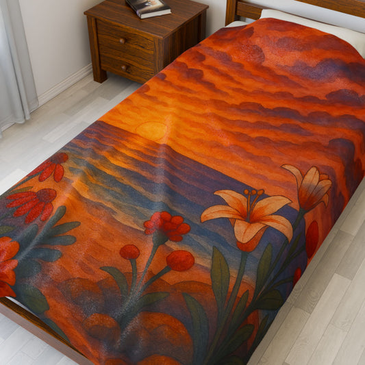 Sunset Floral Blanket – Cozy Beach Sunset Throw with Flowers | Colorful Velveteen Plush Blanket for Couch, Bed, or Gift
