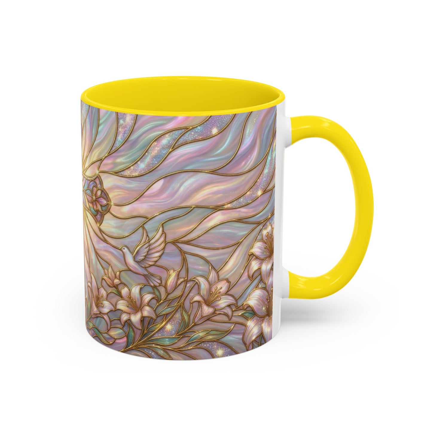Stained Glass Cross Mug, Easter Lily Coffee Cup, Christian Gift for Women, Pastel Religious Drinkware, Dove and Faith Cup, Spiritual