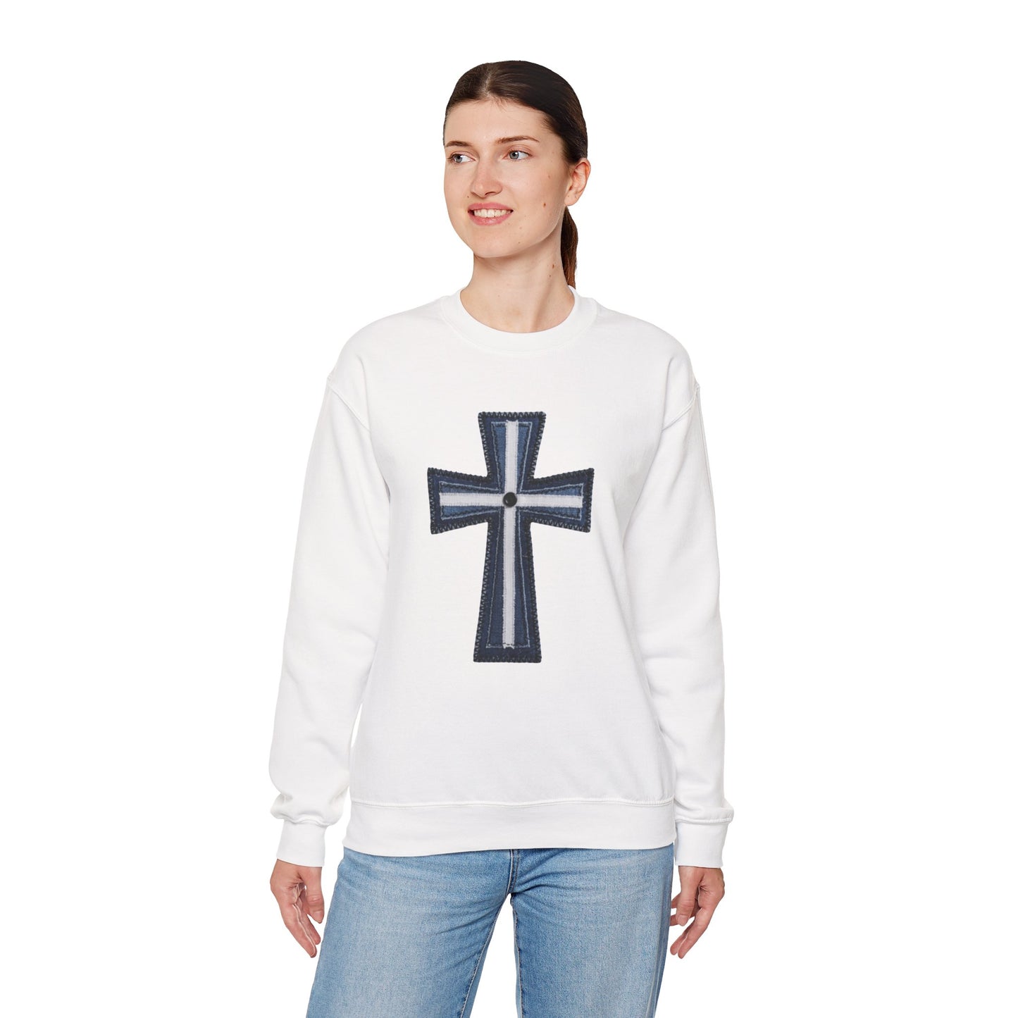 Faux Patchwork Cross Sweatshirt, Christian Patchwork Style Crewneck, Faith Gift for Women Men, Rustic Cross Sweatshirt, Religious Xmas Gift