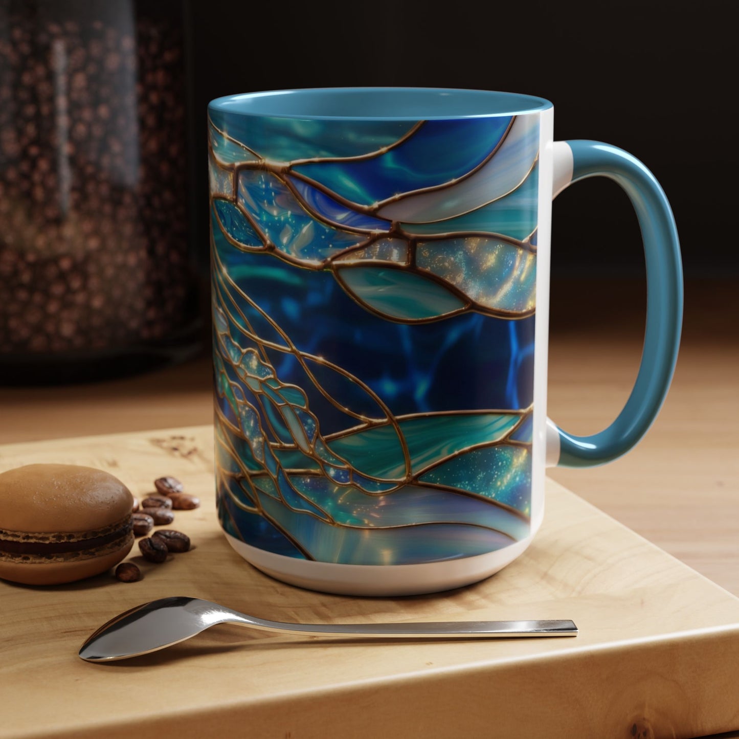 Stained Glass Jellyfish Mug, Ocean Art Coffee Cup, Nautical Sea Life Mug, Blue Teal Gold Glass Style Mug, Gift For Ocean Lovers Decor