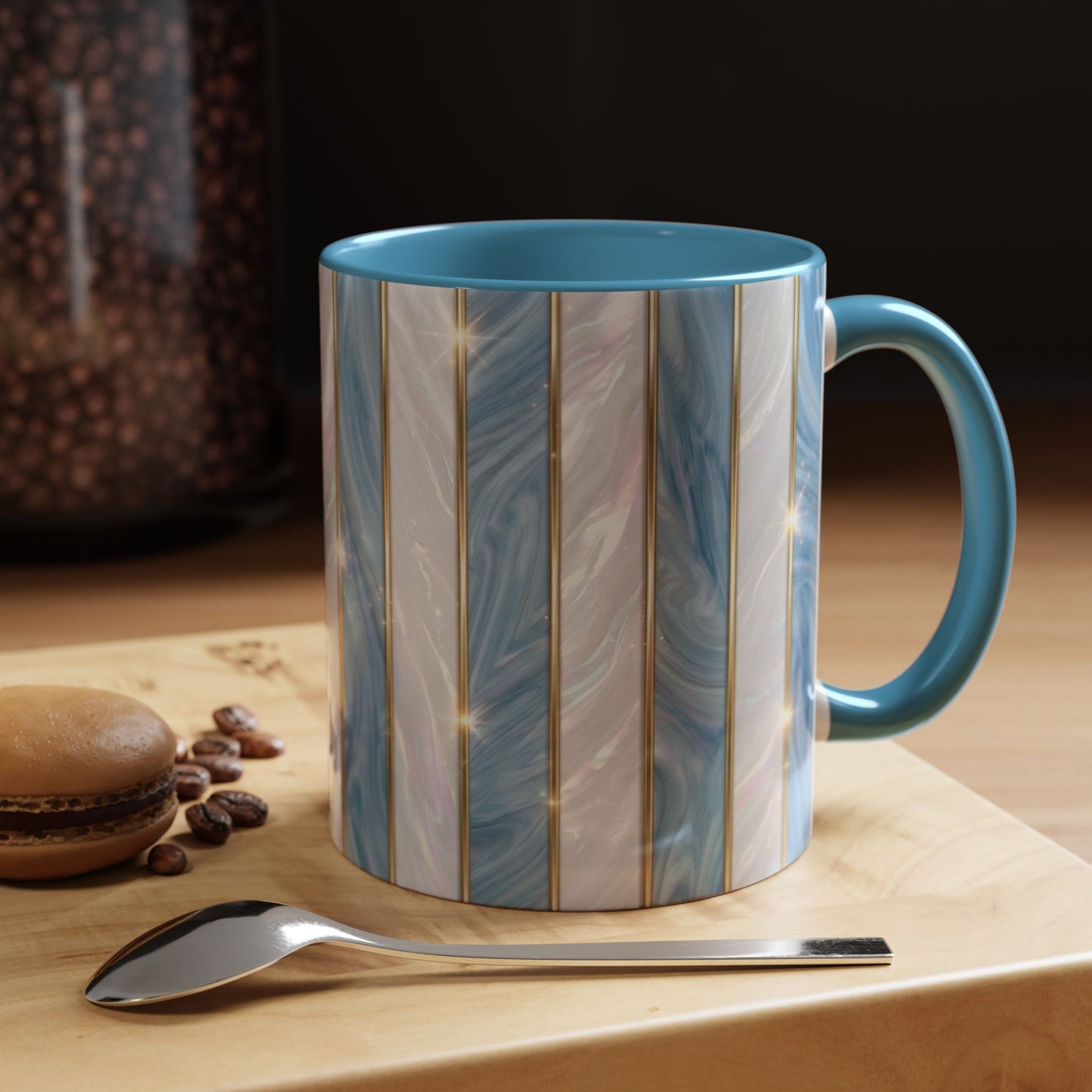 Faux Stained Glass Mug, Blue Pearlescent Coffee Cup, Art Deco Stained Glass Decor, Elegant Gold Stripe Teacup, Unique Art Gift For Her