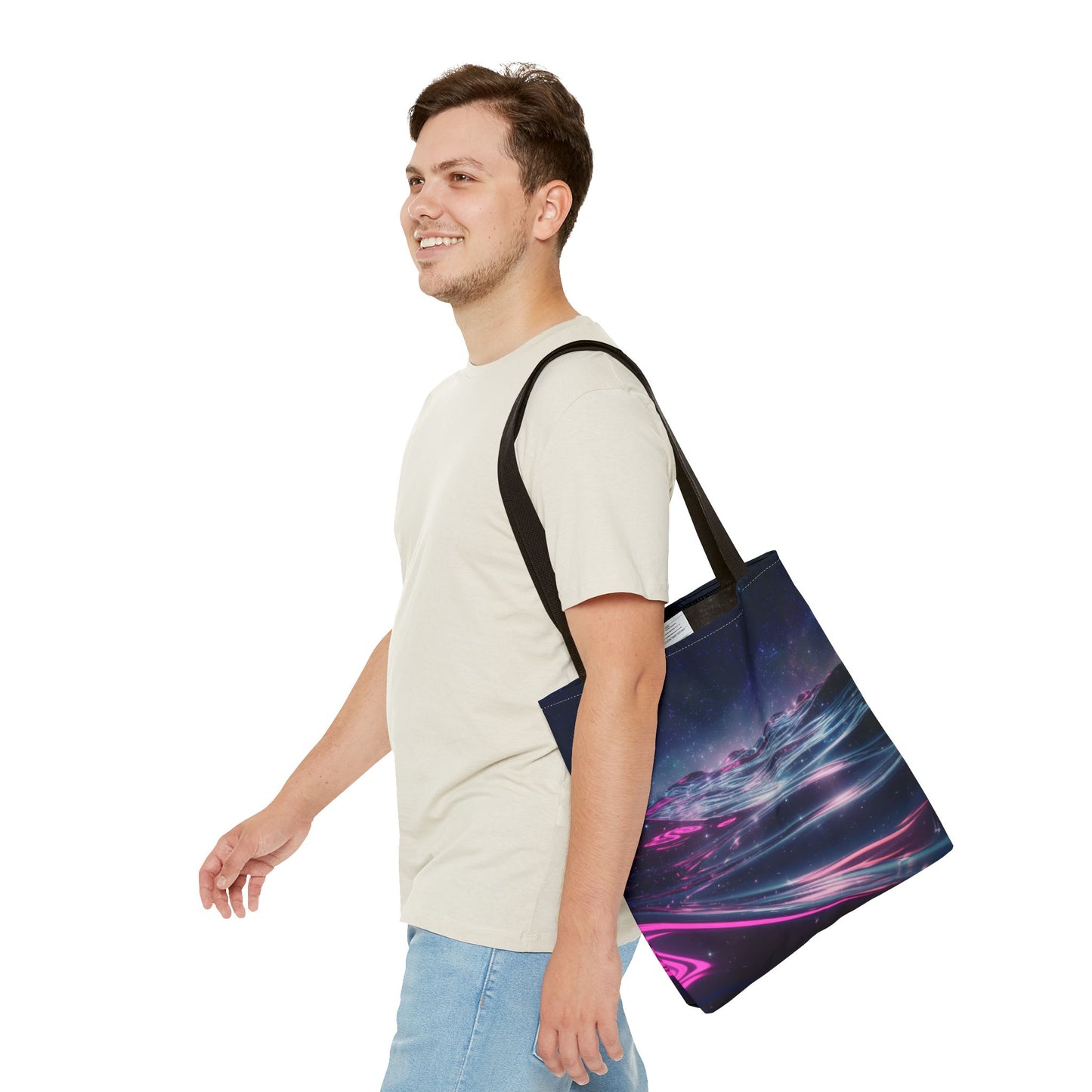 Neon Wave Horizon Tote Bag, Futuristic Ocean Design With Pink And Blue Light, Sci-Fi Aesthetic Reusable Tote For Travel, Gifts, And Everyday Use