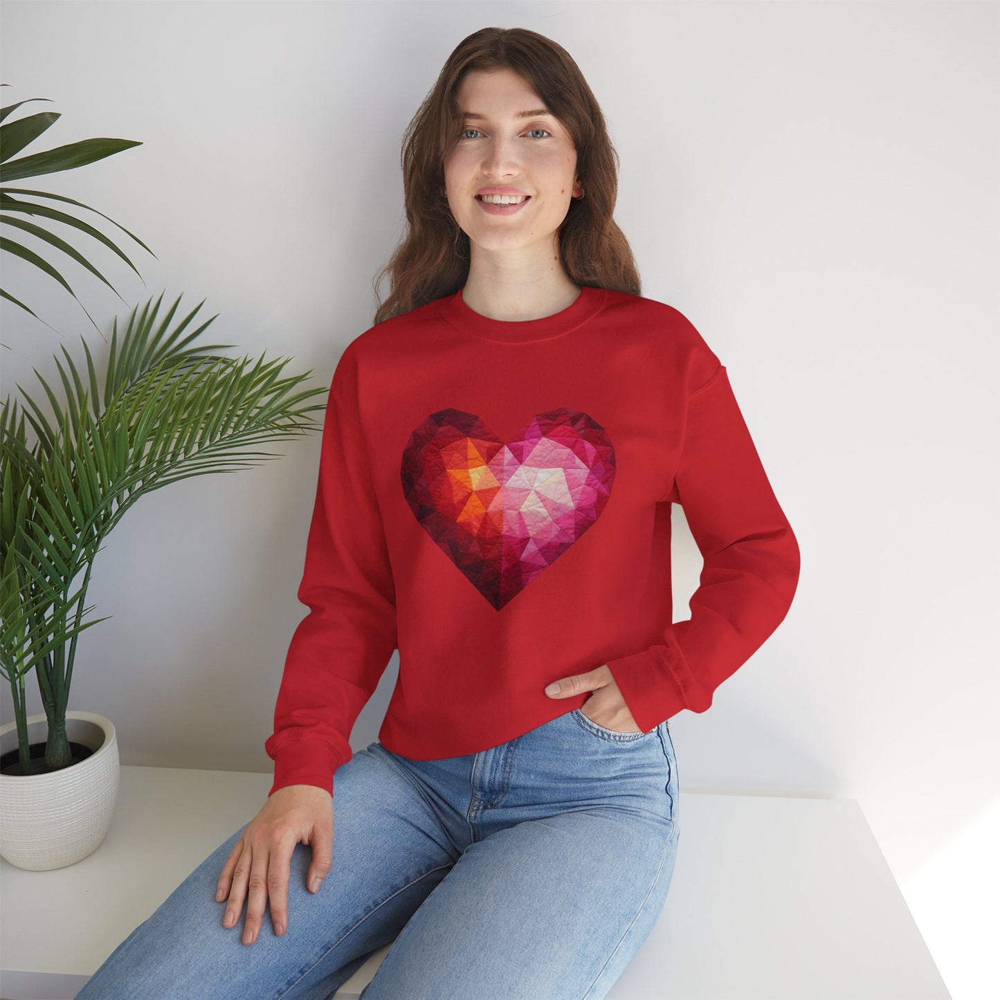 Faux Patchwork Heart Sweatshirt, Geometric Heart Sweater, Cute Valentines Sweatshirt, Cozy Pink Heart Crewneck, Winter Heart Pullover