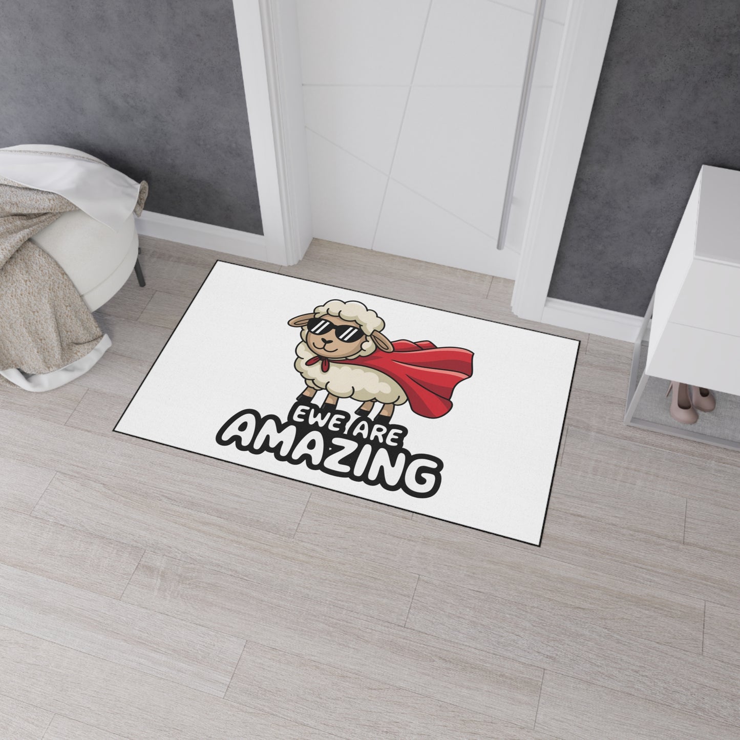 Funny Sheep Welcome Mat - “Ewe Are Amazing” Rug | Cute Farmhouse Door Mat | Superhero Animal Pun Rug | Funny Gift for Animal Lovers