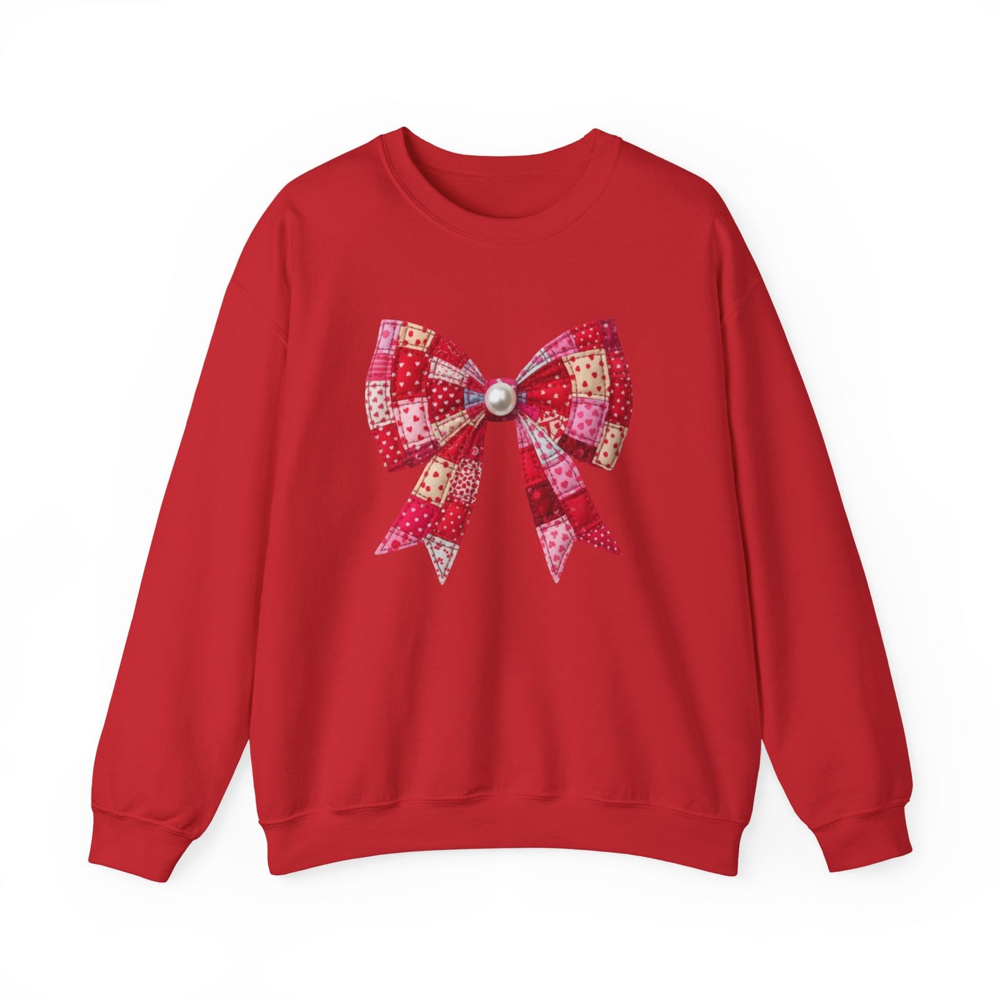 Faux Patchwork Bow Sweatshirt, Quilted Look Bow Crewneck, Pearl Bow Pullover, Cozy Coquette Sweatshirt, Girly Valentine Gift