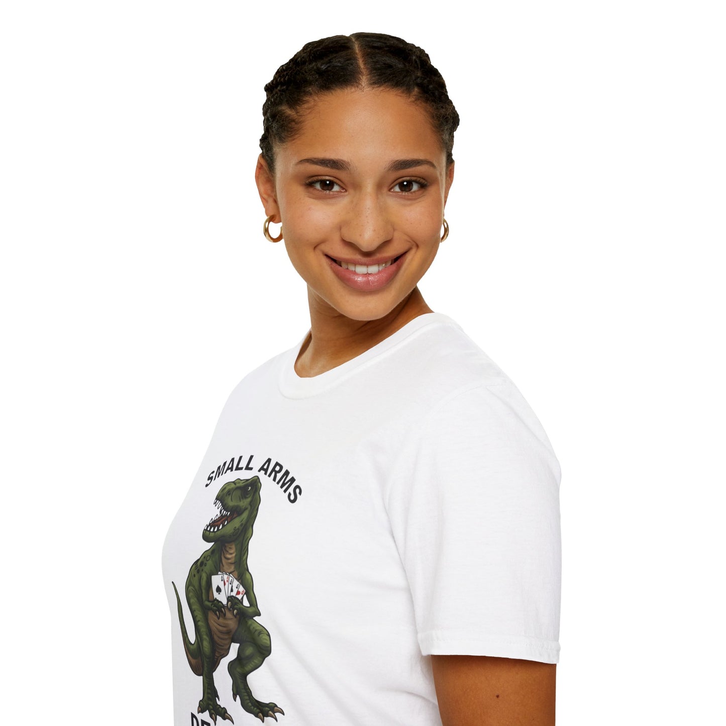 Funny Small Arms Dealer T-Rex Shirt, Dinosaur Pun Tee, Hilarious Graphic T-Shirt for Men & Women, Great Gift for Dad, Friend, or Coworker