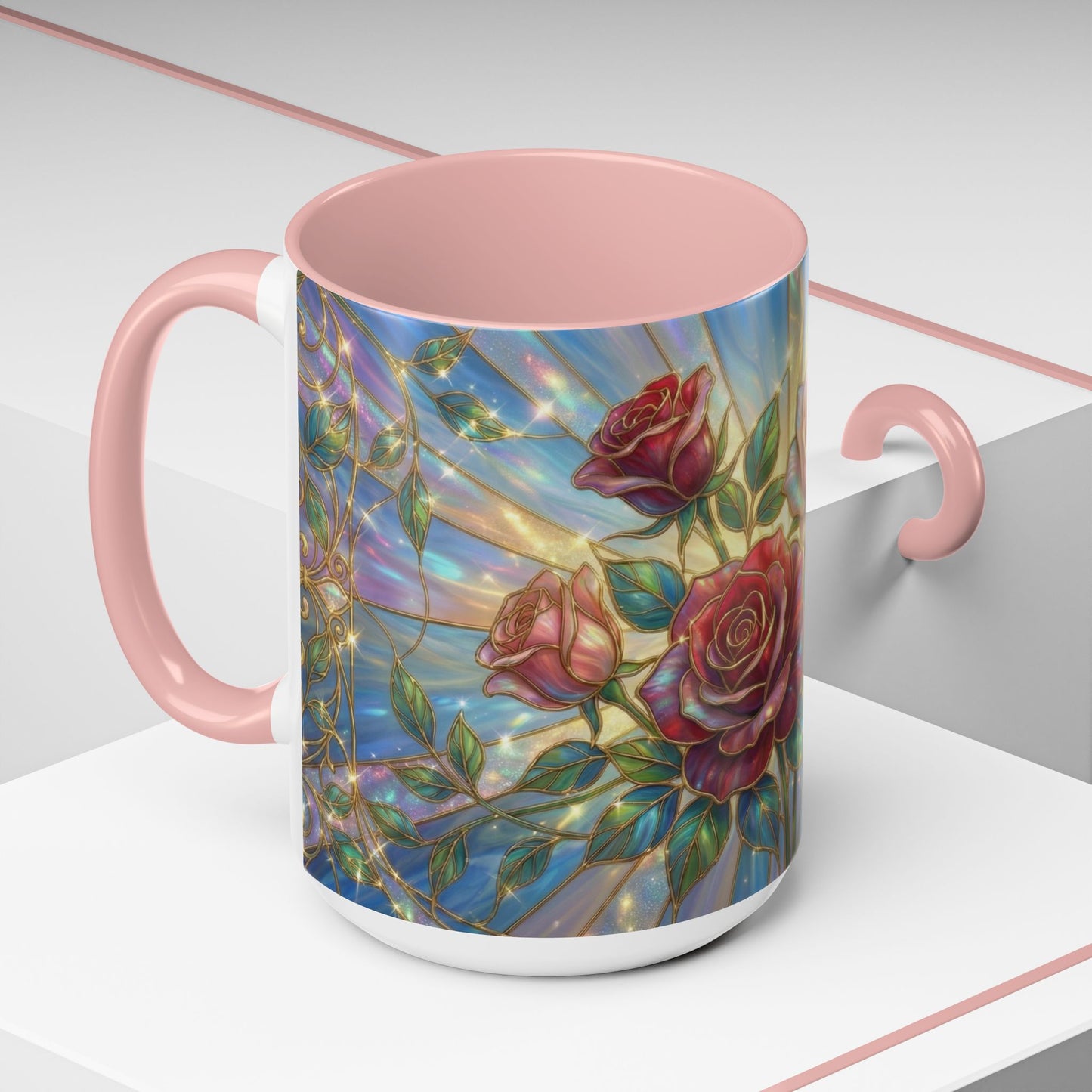 Stained Glass Rose Mug, Floral Art Coffee Cup, Elegant Rose Flower Mug, Blue Gold Glass Style Design, Romantic Gift For Her Decor