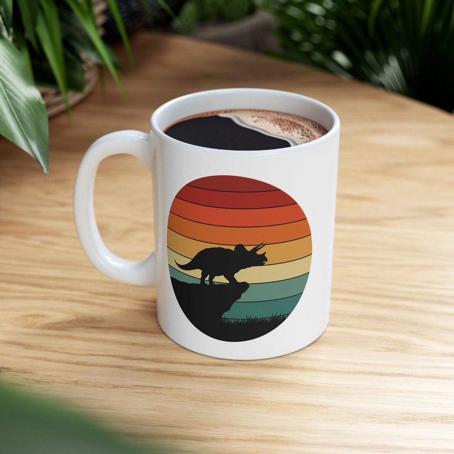 Dinosaur Sunset Mug - Triceratops Retro Coffee Cup - 80s Vintage Dino Mug Gift - Prehistoric Art Mug - Funny Dino Lover Gift 11oz or 15oz