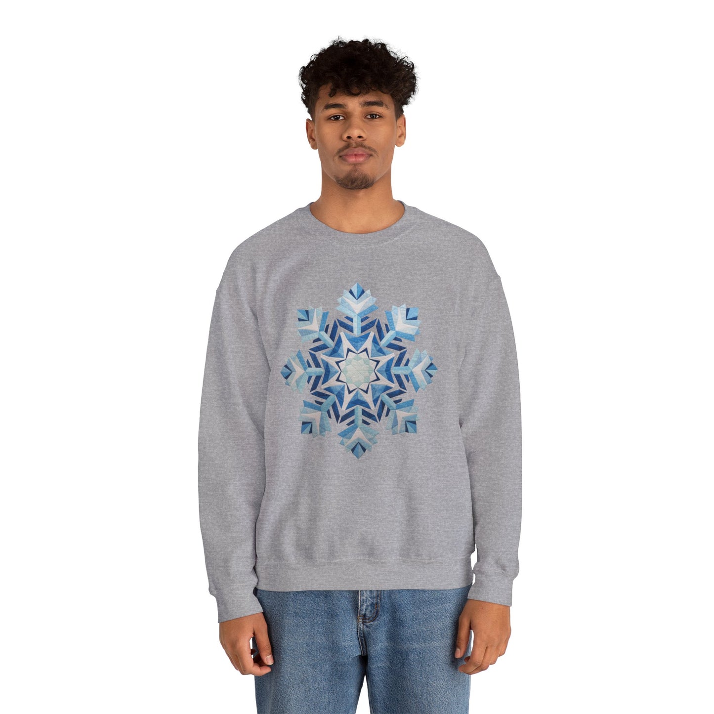 Faux Patchwork Snowflake Sweatshirt, Winter Snowflake Crewneck Unisex, Cozy Holiday Patchwork Sweatshirt, Nordic Snowflake Winter Pullover