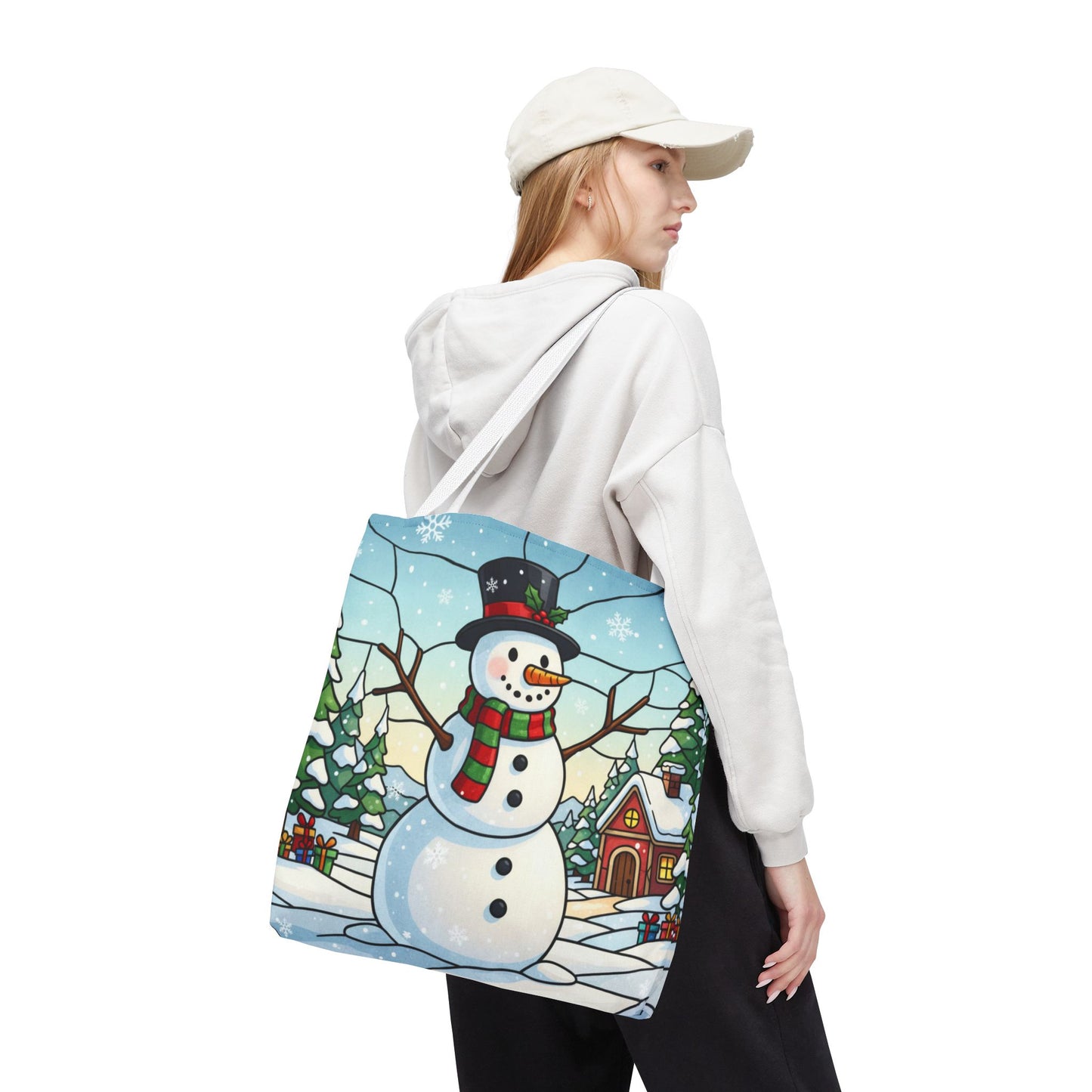 Stained Glass Snowman Christmas Tote Bag, Holiday Art Tote, Festive Winter Gift Bag, Colorful Christmas Scene Reusable Shopping Bag
