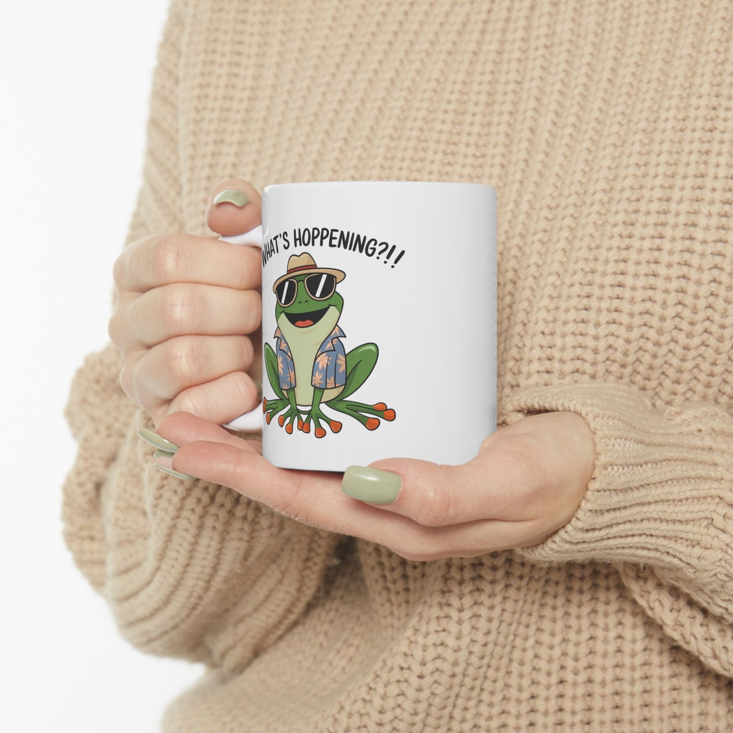 What’s Hoppening?! Frog Mug – Funny Tropical Frog in Hawaiian Shirt Coffee Cup, Cute Animal Ceramic Mug, Funky Gift for Frog Lovers