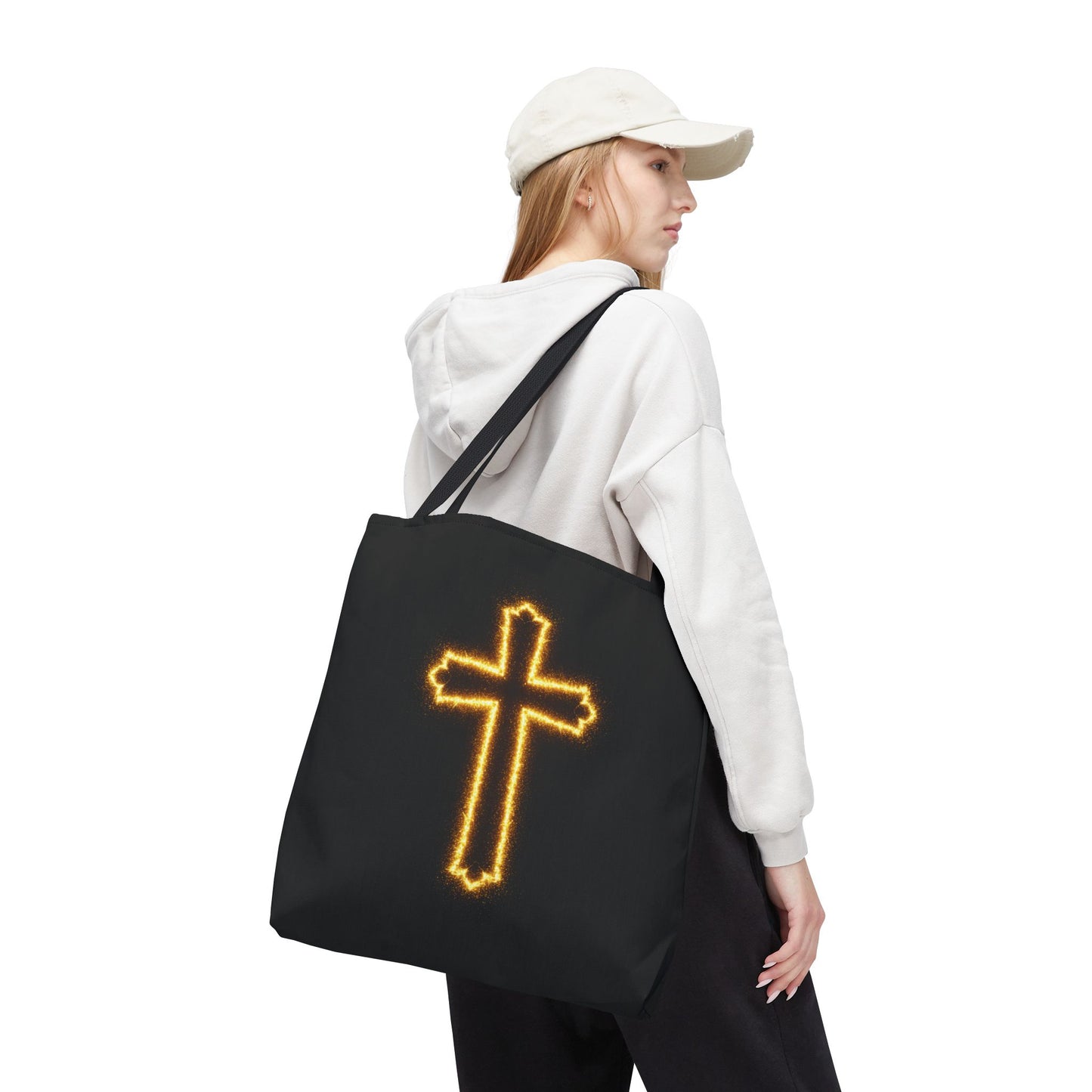 Christian Cross Tote Bag | Glowing Light Faith Bag | Inspirational Religious Gift | Black Canvas Tote | Spiritual Reusable Shopper