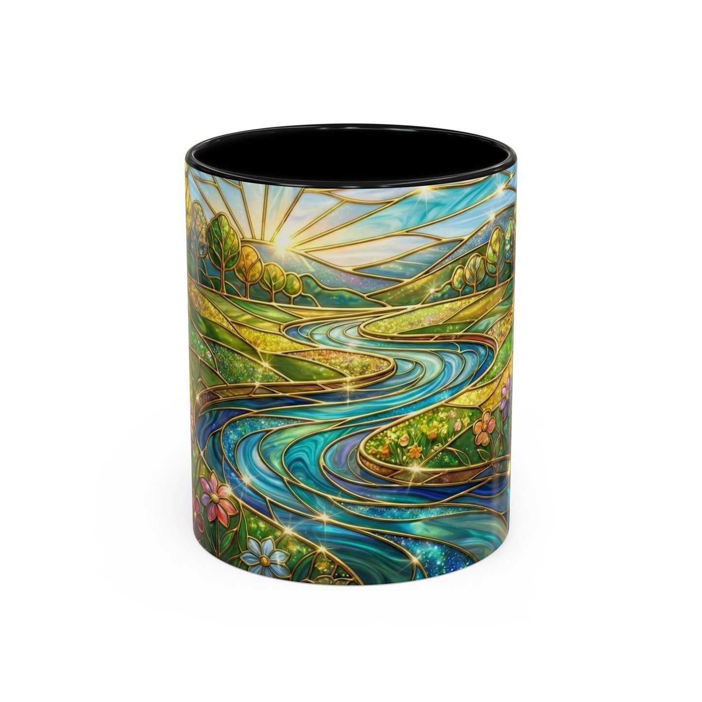 Stained Glass Mug, River Landscape Coffee Cup, Nature Lover Gift, Floral Tea Mug, Gardener Present, Art Teacher Gift, Colorful Scenery Cup