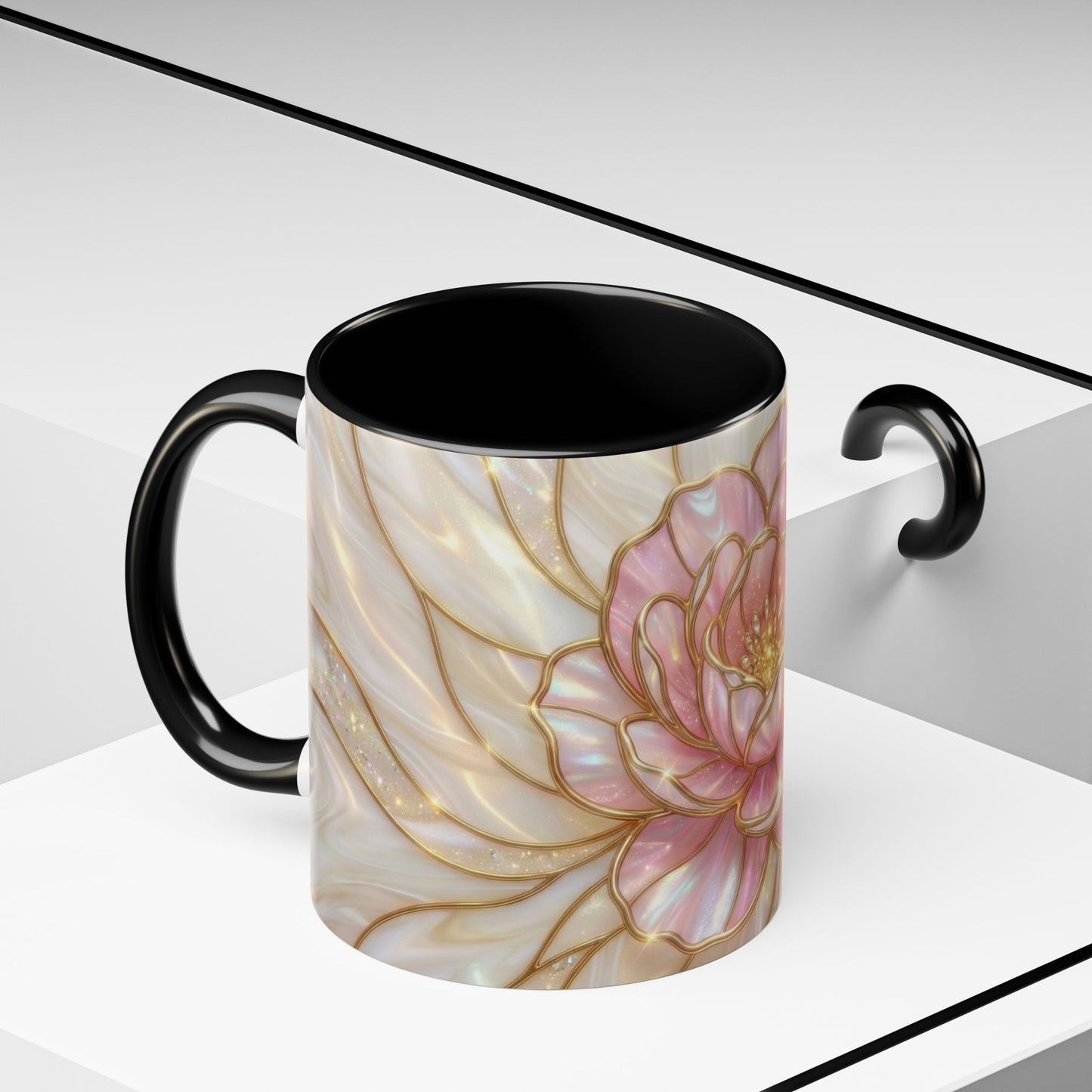 Pink Peony Stained Glass Mug, Gold Floral Coffee Cup, Elegant Flower Gift For Her, Fairycore Tea Cup, Mothers Day Present, Pearl Art Decor