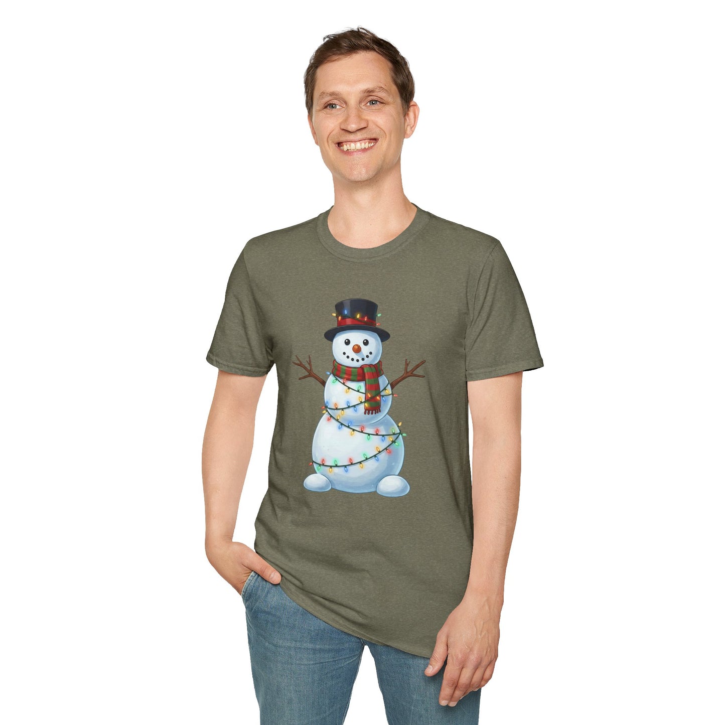 Cute Snowman Christmas Shirt, Snowman Wrapped in Christmas Lights Tee, Holiday Winter Snowman Top Hat Shirt, Funny Cozy Christmas T Shirt