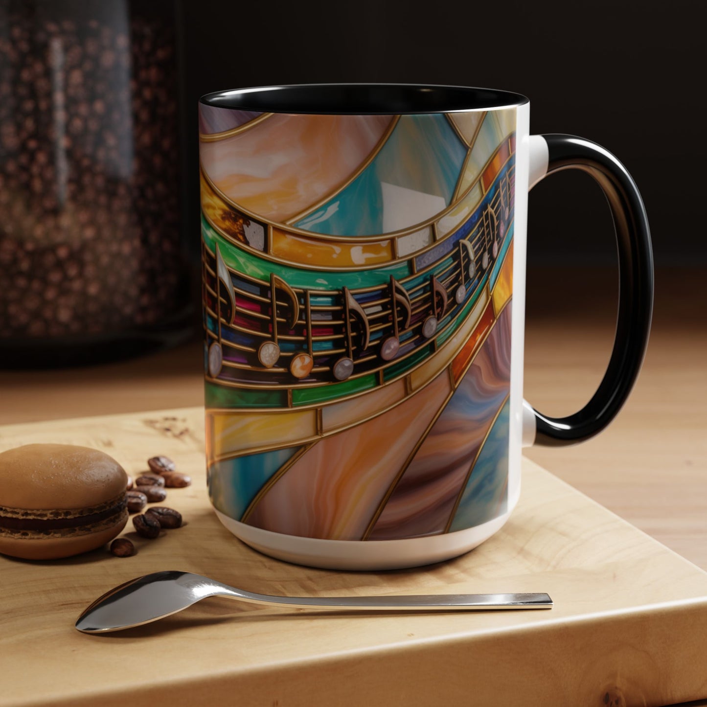 Stained glass music mug, musical notes coffee cup, colorful musician gift mug, music lover present, treble clef art mug, music teacher gift