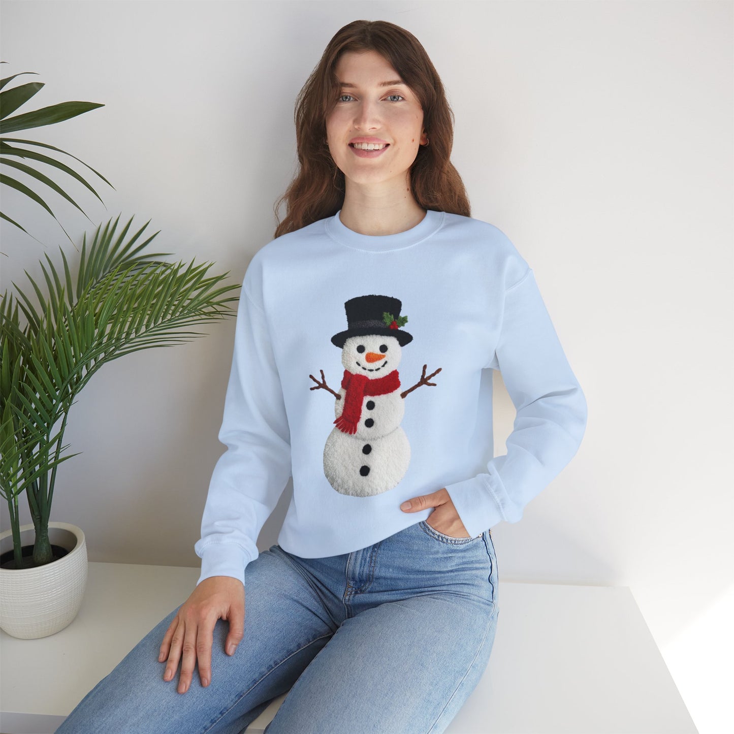 Faux Patchwork Crochet Snowman Sweatshirt, Winter Snowman Crewneck, Cozy Holiday Sweater, Christmas Sweatshirt, Festive Winter Shirt, unisex gift