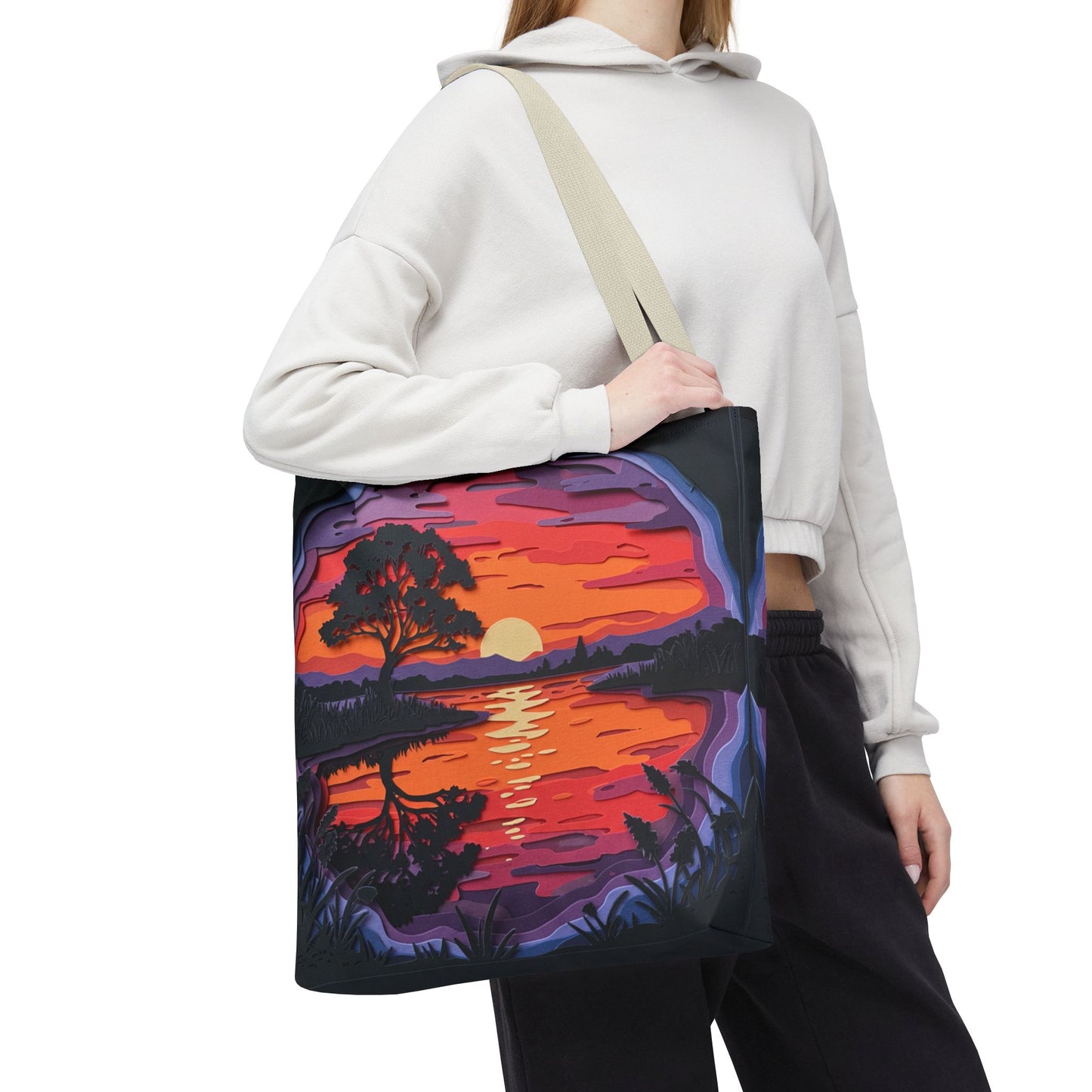 Sunset Landscape Canvas Tote Bag – Paper‑Art Inspired Nature Scene Tote – Colorful Sunset Market Tote, Eco Reusable Beach Bag, Vibrant Gift for Her