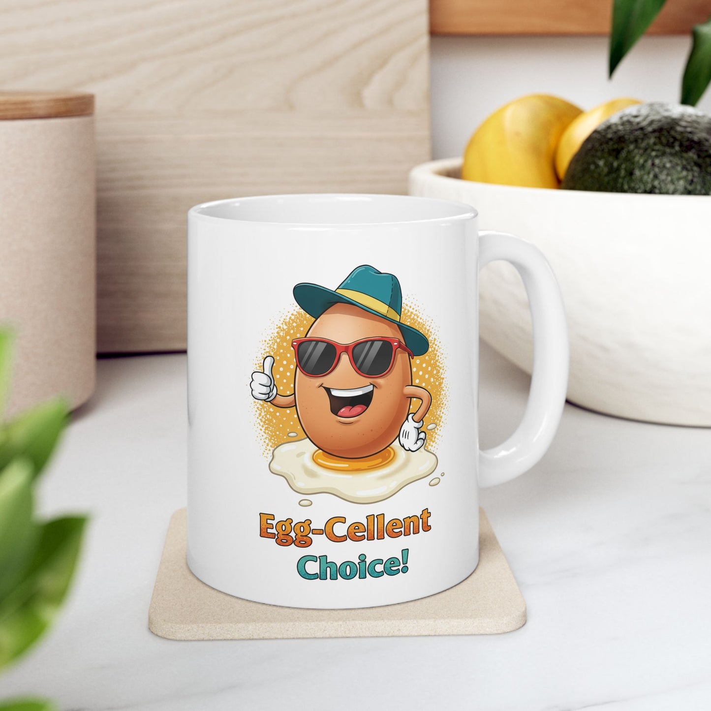 Egg-Cellent Choice! Funny Cartoon Egg Mug with Sunglasses & Hat – Cute Breakfast Ceramic Coffee Cup – Punny Gift for Egg Lovers