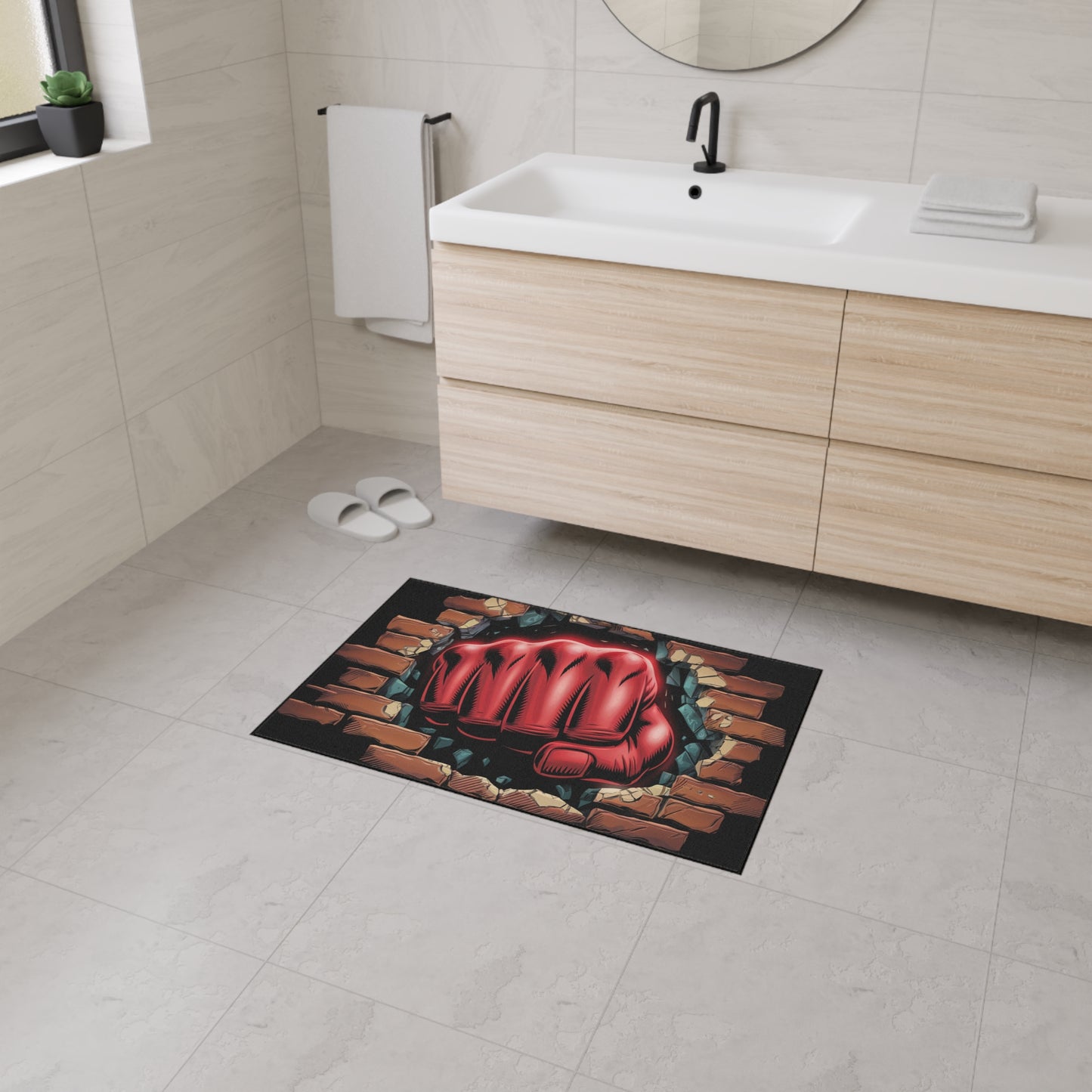 Floor Mat - Fun Red Fist Smashing Through Wall Design