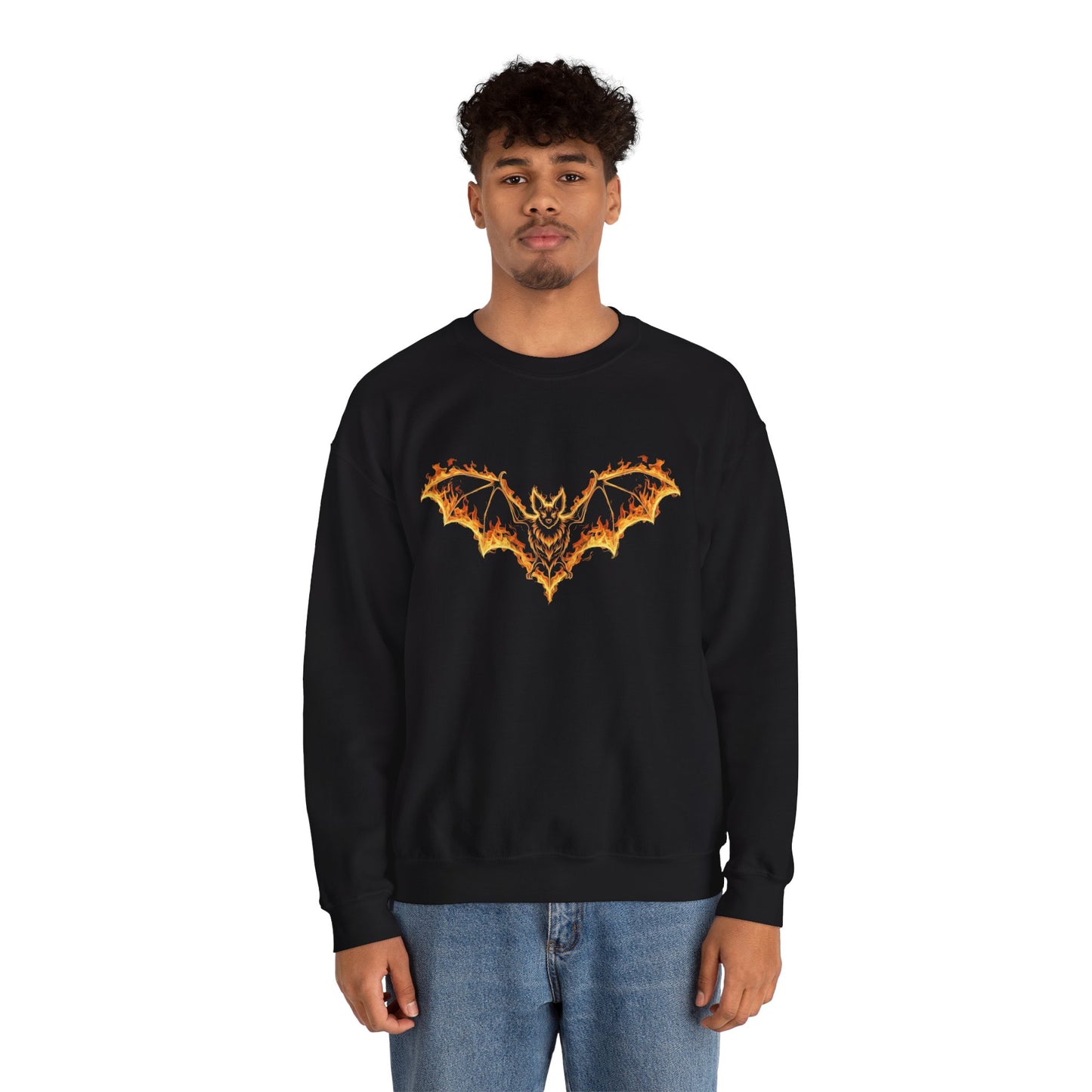 Flaming Bat Sweatshirt - Halloween Spooky Season Graphic Crewneck, Fiery Bat Design, Gothic Fall Fashion, Spooky Gift