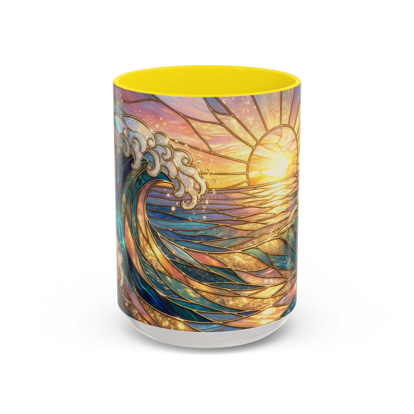 Stained Glass Ocean Wave Mug, Sunrise Beach Coffee Cup, Japanese Art Gift, Coastal Decor Kitchen, Mosaic Sea Tea Cup, Blue Gold Nature Lover