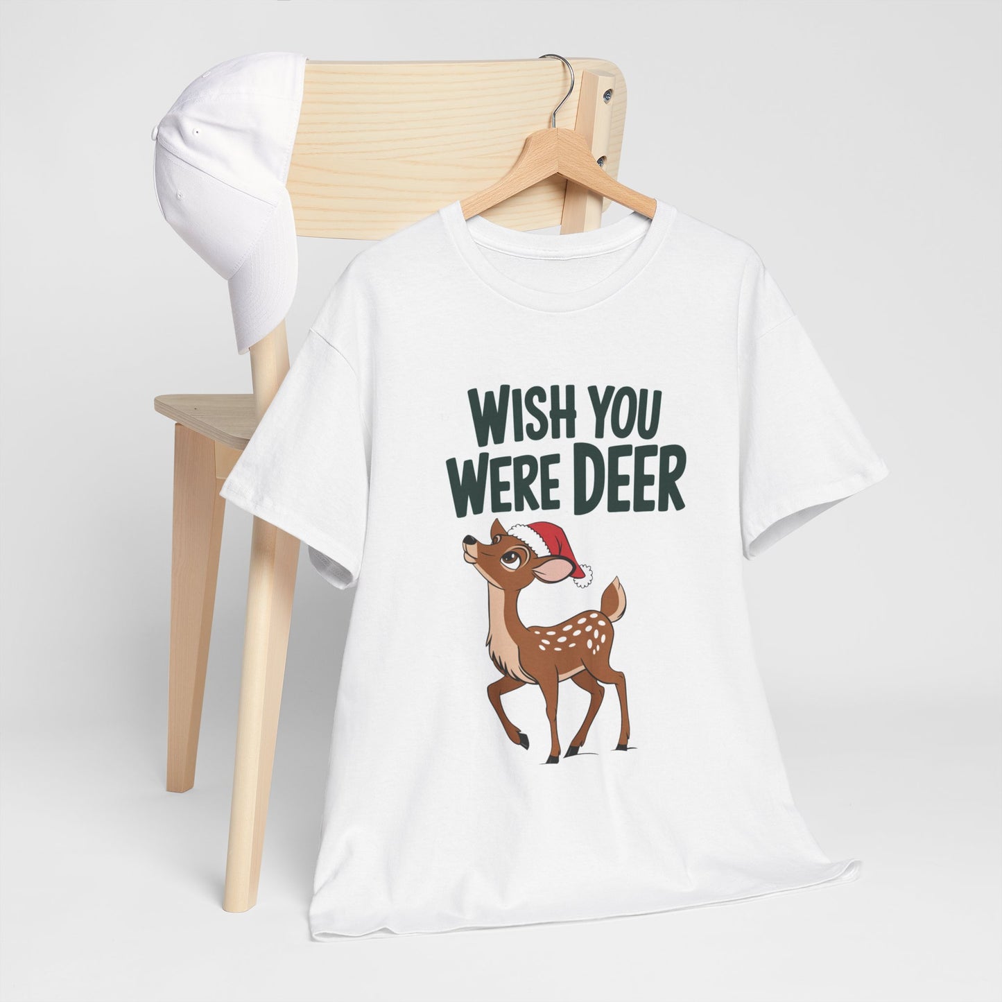 Wish You Were Deer Funny Christmas T-Shirt, Cute Reindeer Holiday Tee, Pun Christmas Shirt, Festive Santa Hat Deer Graphic Tee Gift