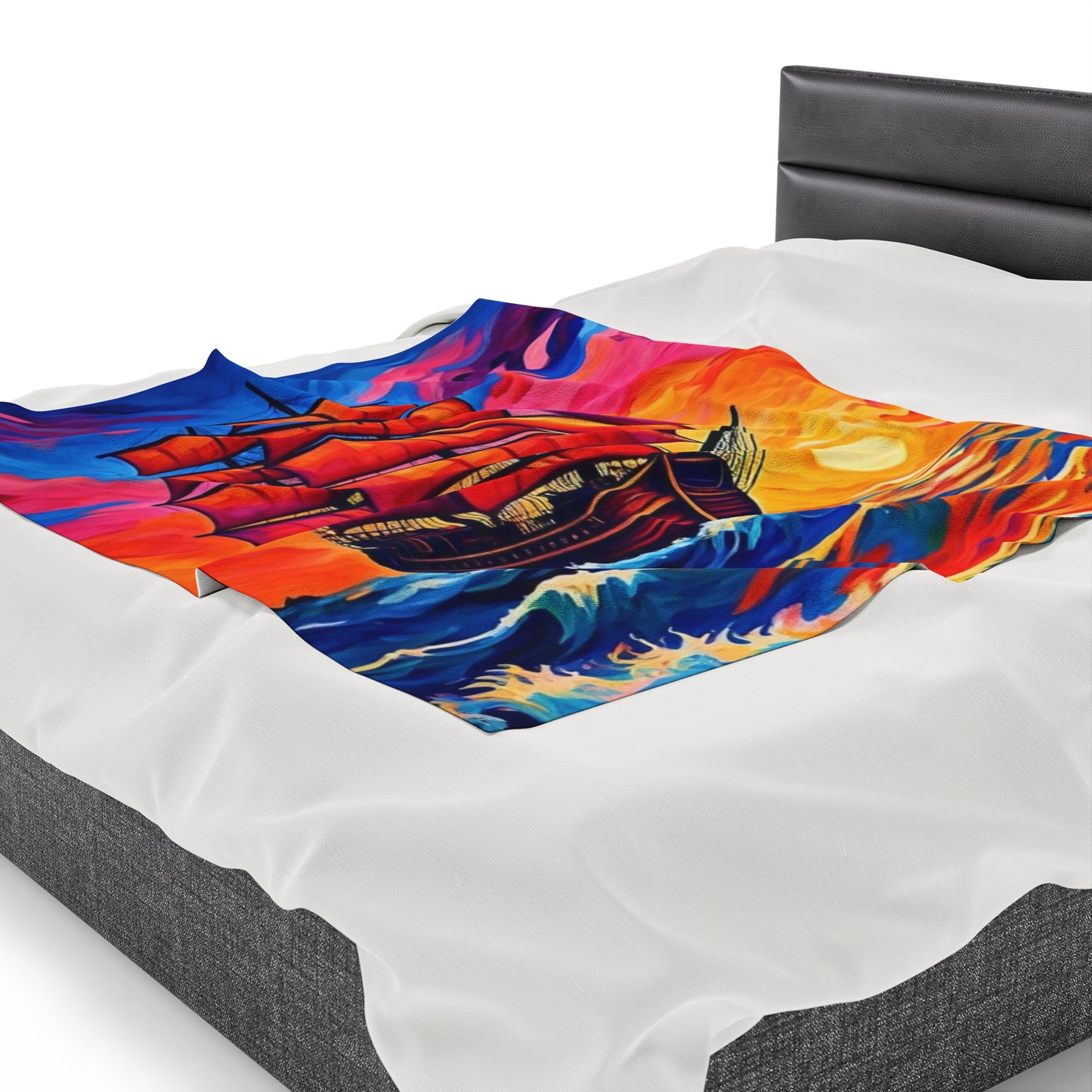 Plush Blanket - Sunset Ship Painting Design