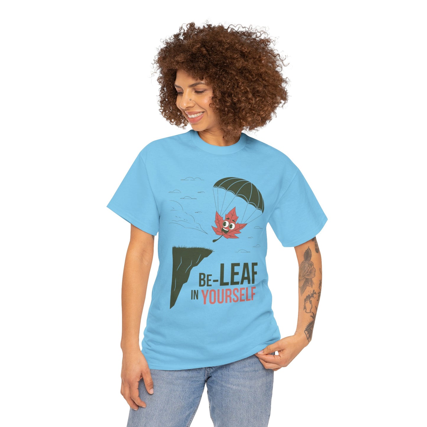 Be-Leaf In Yourself Maple Leaf Parachute T-Shirt | Funny Motivational Nature Graphic Tee | Self-Love Fall Autumn Shirt | Outdoorsy Gift