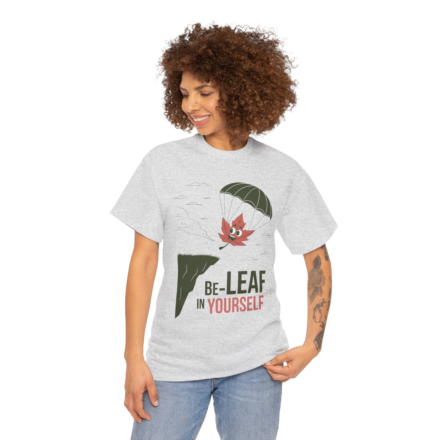 Be-Leaf In Yourself Maple Leaf Parachute T-Shirt | Funny Motivational Nature Graphic Tee | Self-Love Fall Autumn Shirt | Outdoorsy Gift