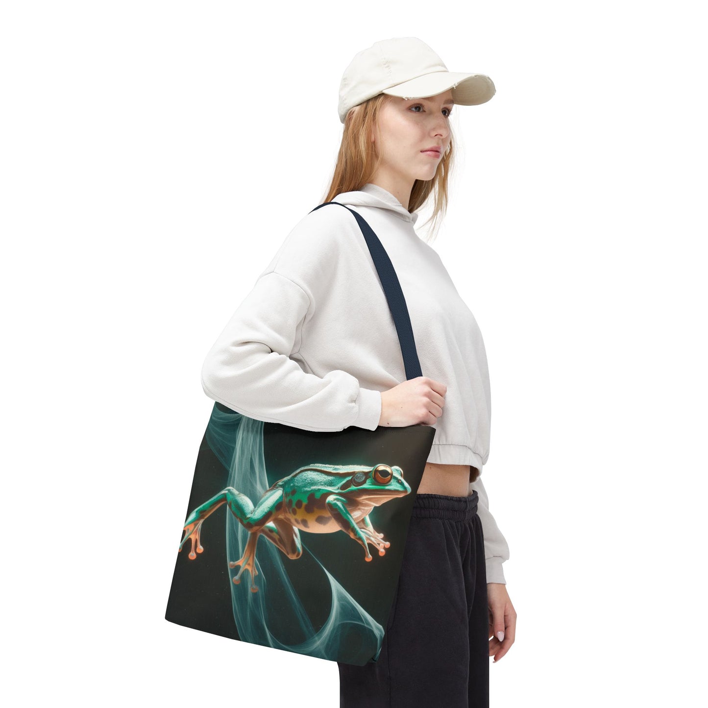 Frog in Motion Tote Bag, Nature-Inspired Green Frog Design Eco-Friendly Shoulder Bag, Artistic Reusable Tote For Everyday Use And Gifts
