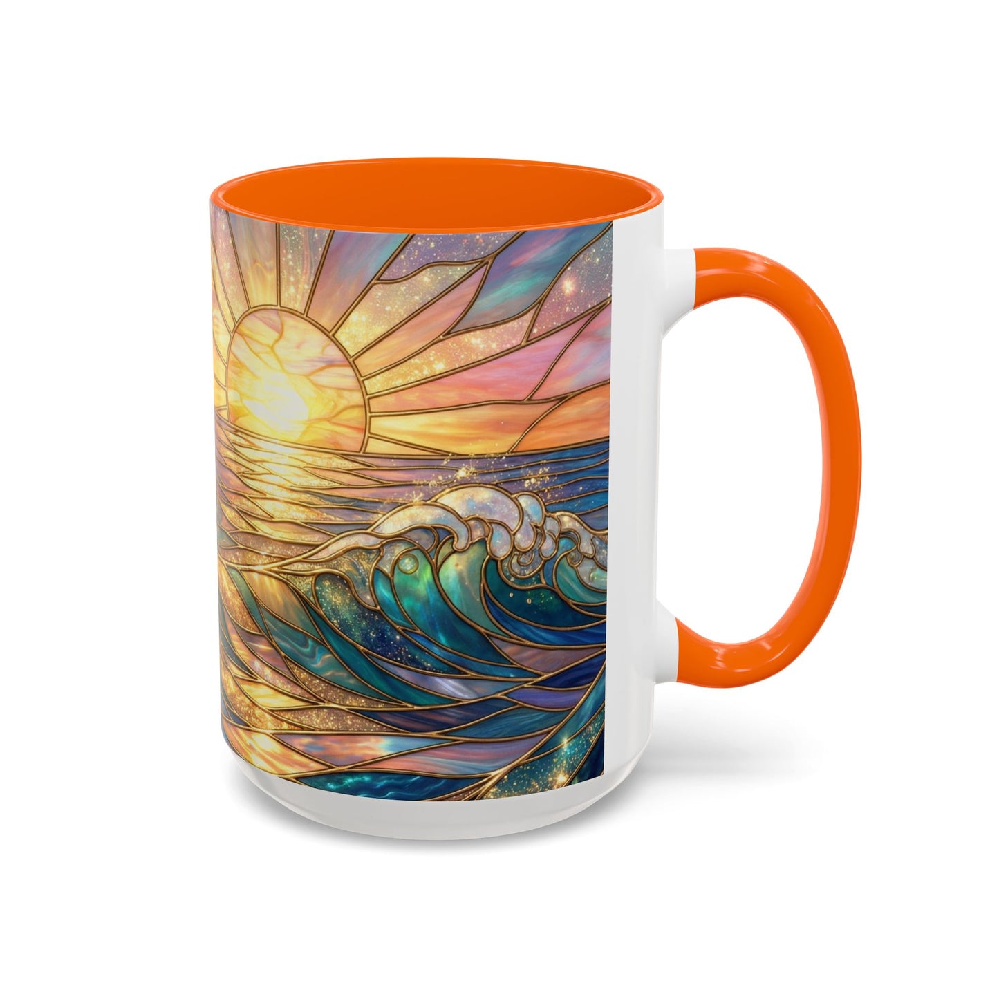 Stained Glass Ocean Wave Mug, Sunrise Beach Coffee Cup, Japanese Art Gift, Coastal Decor Kitchen, Mosaic Sea Tea Cup, Blue Gold Nature Lover