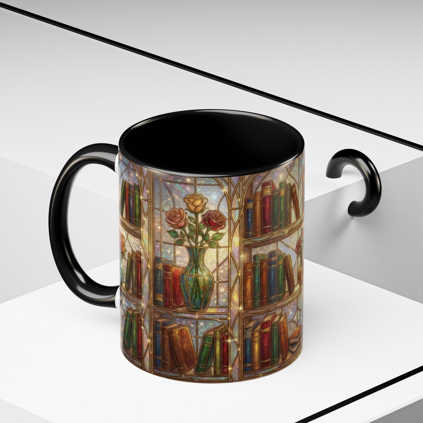 Stained Glass Books Mug, Book Lover Coffee Mug, Cozy Library Mug, Bookish Gift For Readers, Dark Academia Mug, Floral Bookshelf Cup