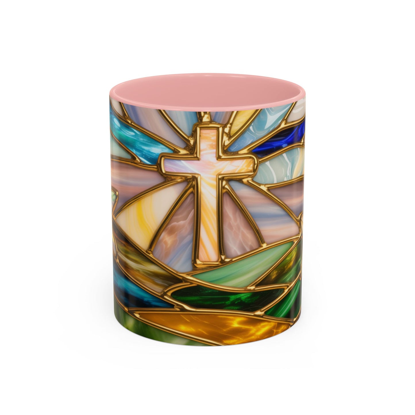 Stained Glass Cross Mug, Christian Sunrise Coffee Cup, Religious Floral Art Mug, Inspirational Faith Gift For Women, Colorful Stained Glass Design