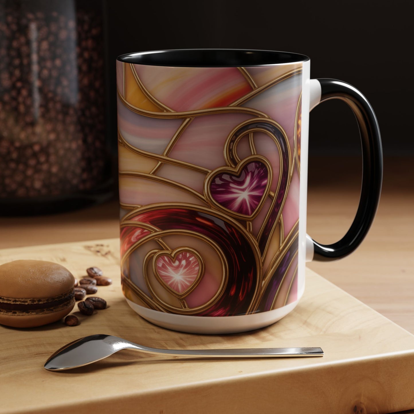 Stained Glass Heart Mug, Romantic Love Coffee Cup, Pink Red Gold Glass Style Mug, Valentine Gift For Her, Anniversary Wedding Decor