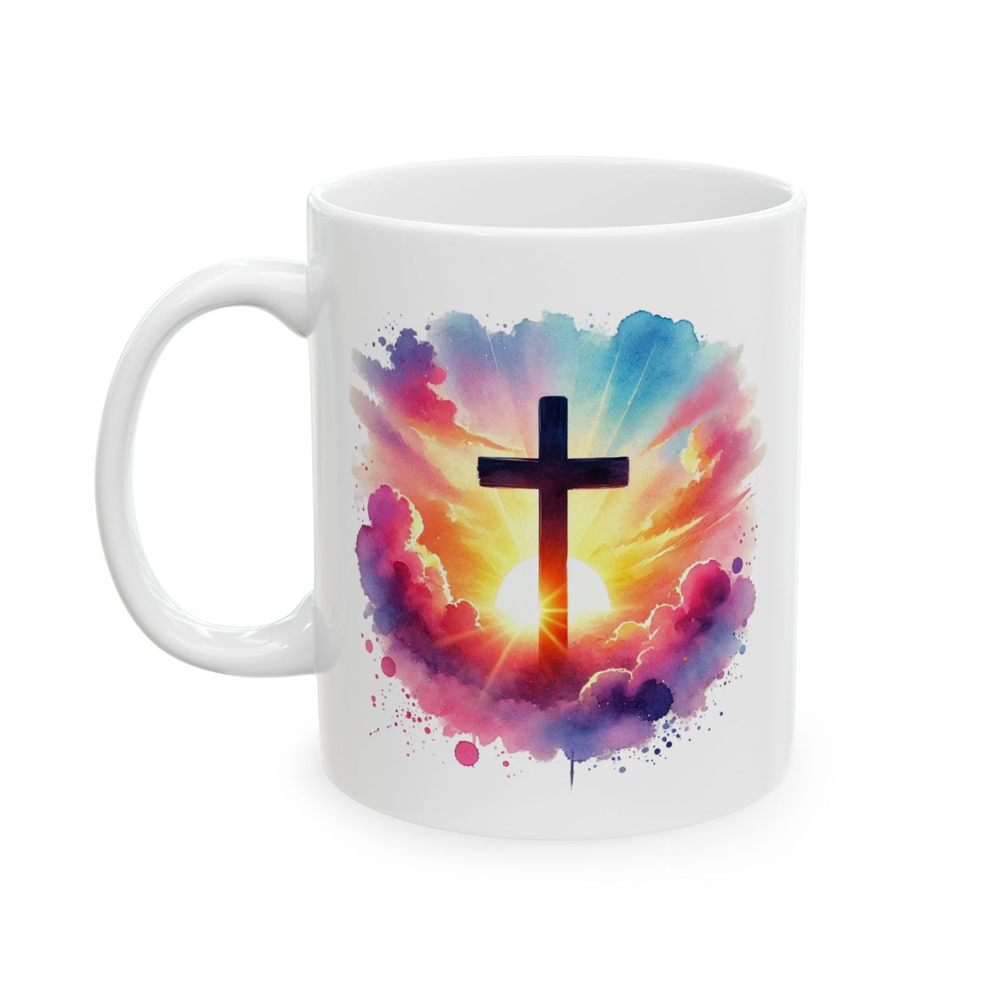 Christian Cross Sunrise Mug – Inspirational Faith Coffee Cup with Colorful Sky & Clouds, Religious Gift, Dishwasher Safe Prayer Mug